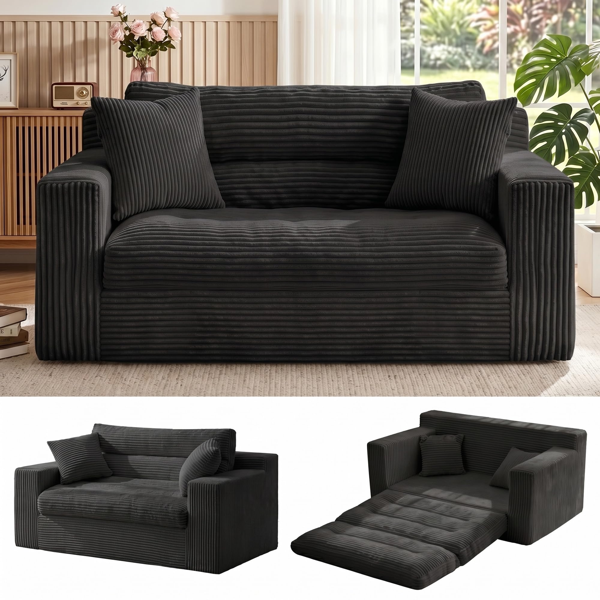 Photo 1 of Erament Boneless Loveseat Sofa Couch, 2 in 1 Convertible Sofa Bed with Pillows, Fold Out Bean Bag Chair Boneless Floor Couch for Living Room Bedroom Office Lounge Apartment, No Assembly Needed, Black