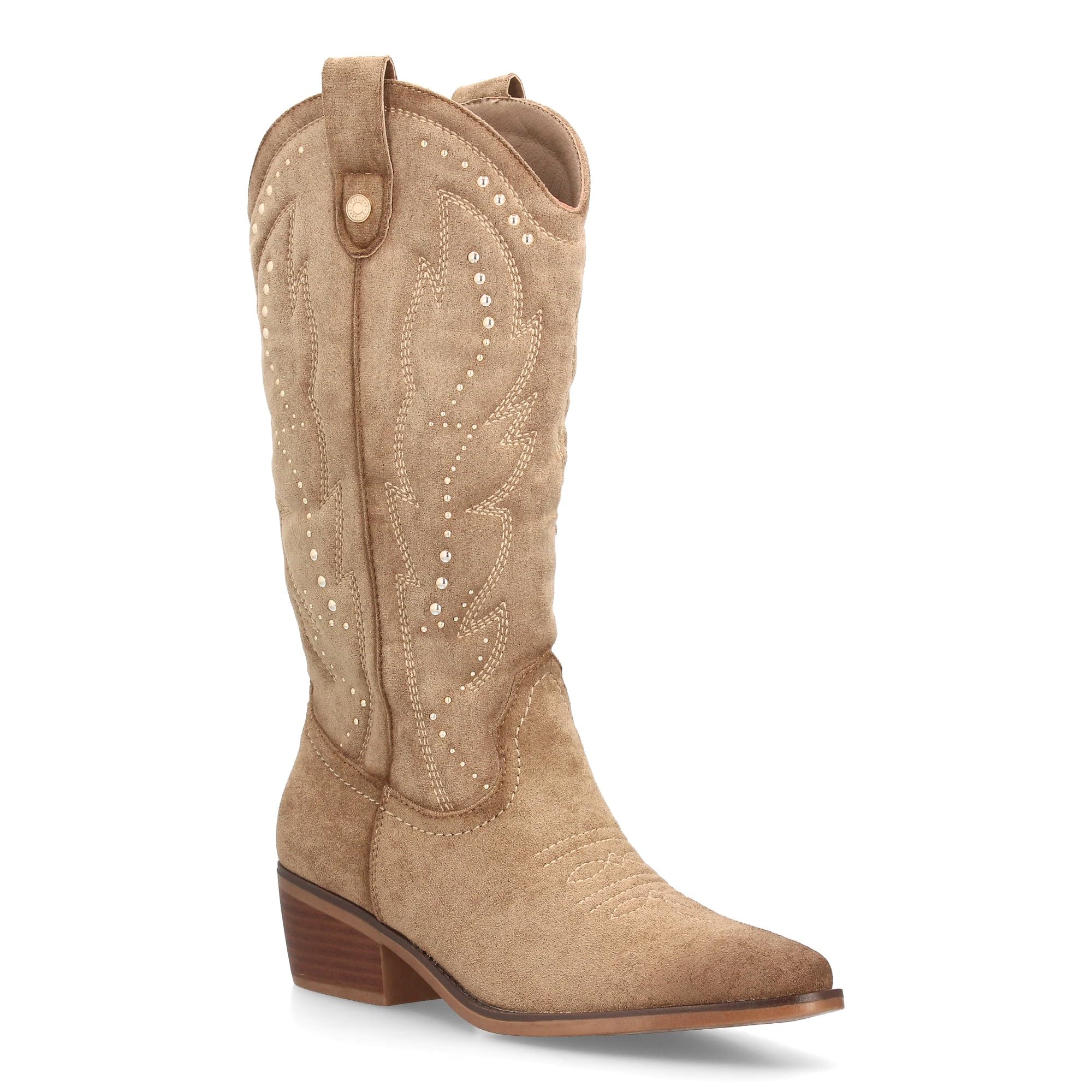 Botas Cowboy de Mujer Estilo Western con Diseno Elegante. Cana Alta con Bordados Decorativos y Tachuelas metalicas. Tacon Ancho de Altura Media, Punta Fina. Ideal Otono Invierno.
