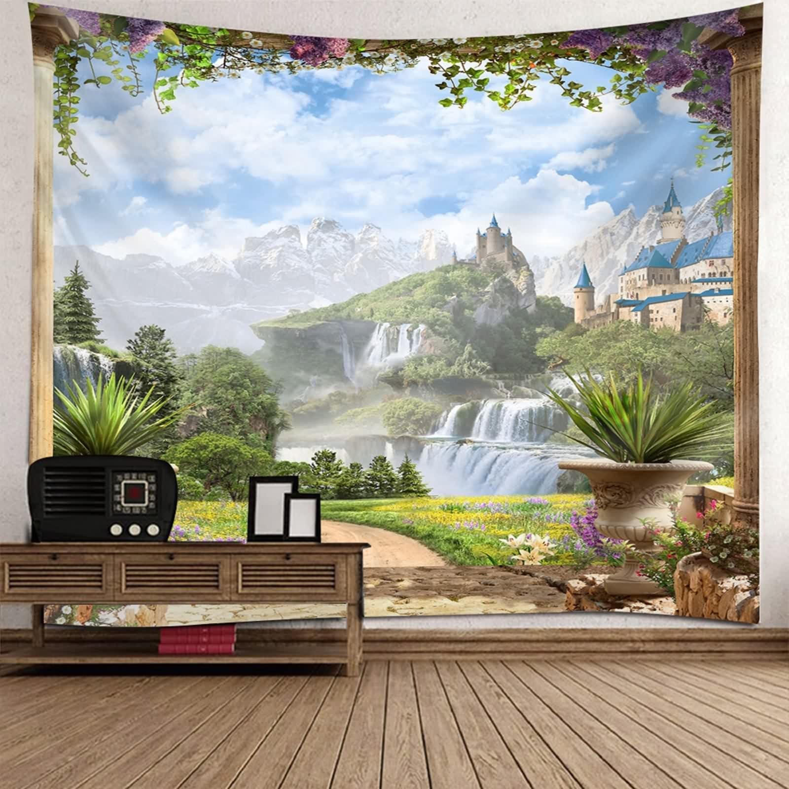 Arazzo da Parete Paesaggio, Arazzo da Parete Vintage Verde Bianco Giardino Poliestere 350x256cm