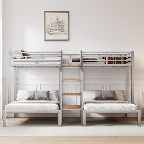 Miniatura 216 de Litera en forma de L individual sobre cama matrimonial adjunta, litera triple de metal con escritorio y tobogán integrados, marco de literas de