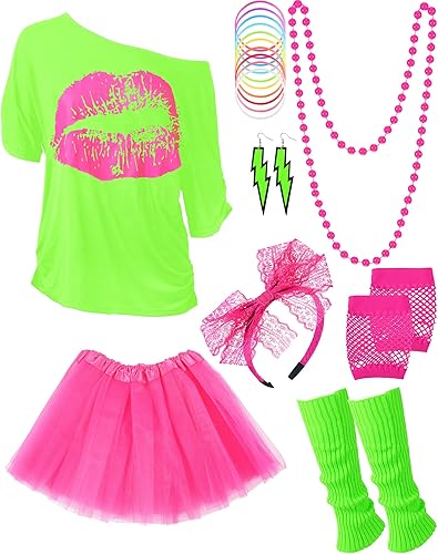 Conjunto de accesorios de disfraz de los años 80 para mujer, camiseta retro de neón, falda tutú, diadema, guantes de red, aretes, collar,