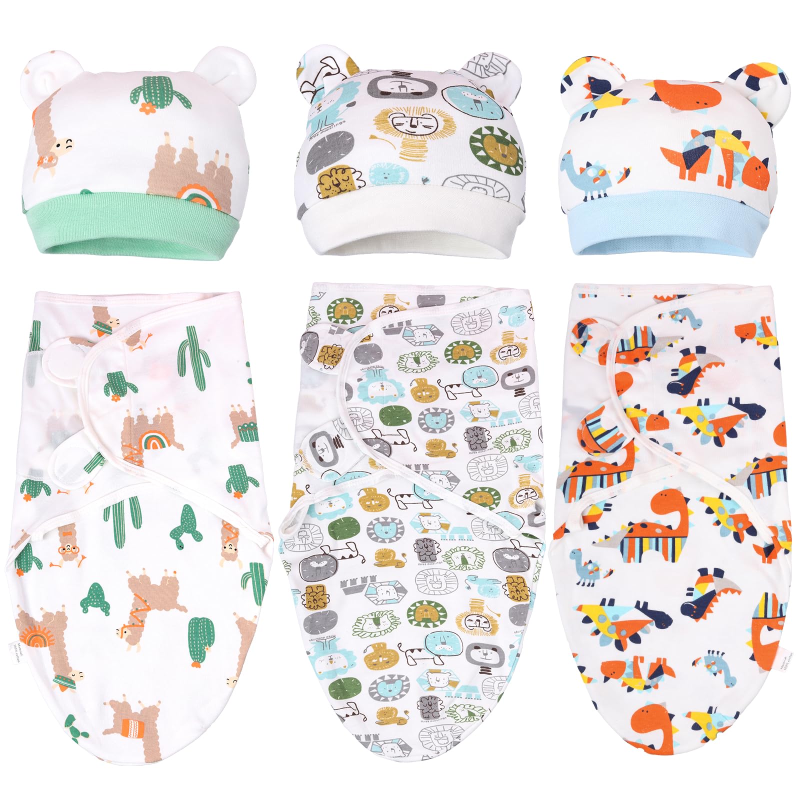 ANYPER3Pcs Delicate Knitted Baby Swaddle Set with Cute Hat for 0-3 Months, Ultra-Soft, Comfortable, and Lightweight Cotton Infant Swaddle Wrap (Alpaca & Dinosaur & Animal World), AB0007