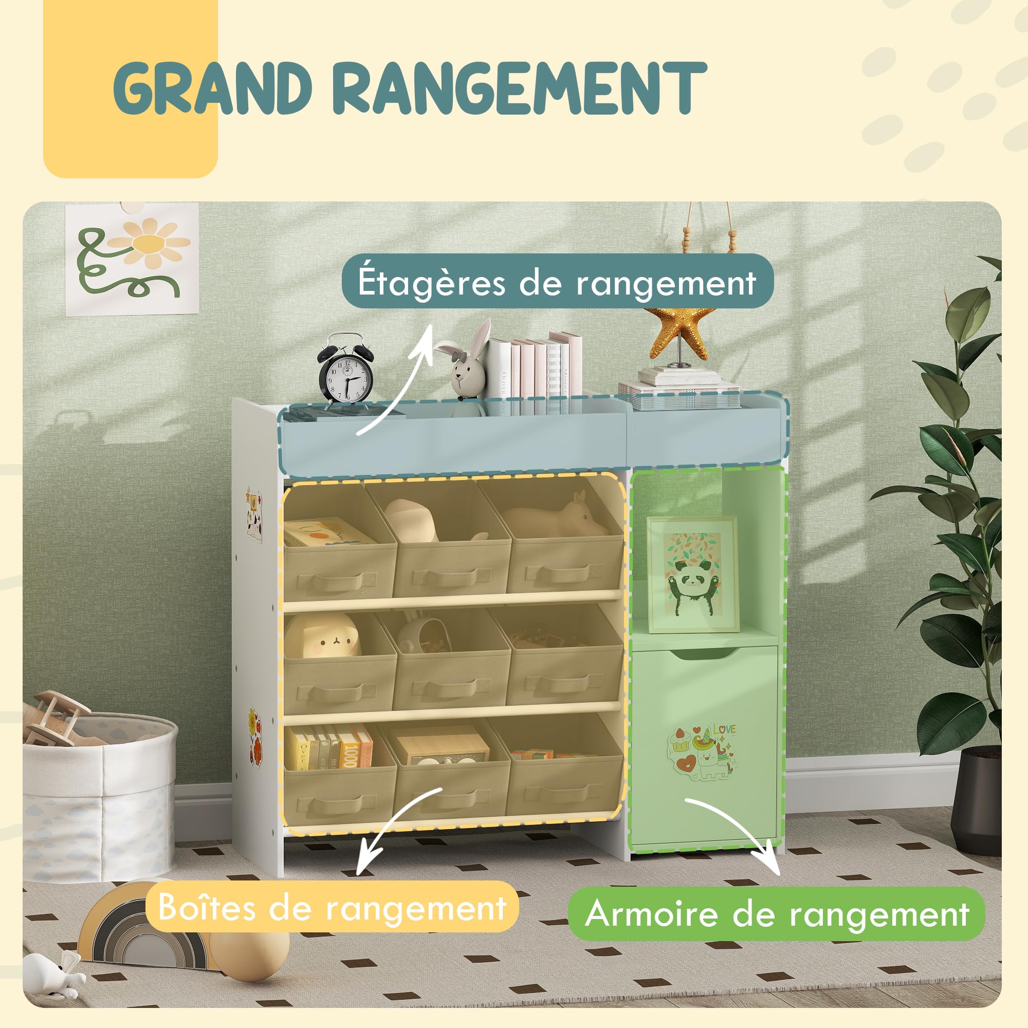 AIYAPLAY Meuble Rangement Enfant étagère de Rangement pour Jouets Enfants avec 9 tiroirs en Tissu et Placard pour Chambre d'enfant, Salle de Jeux, garderie, Blanc