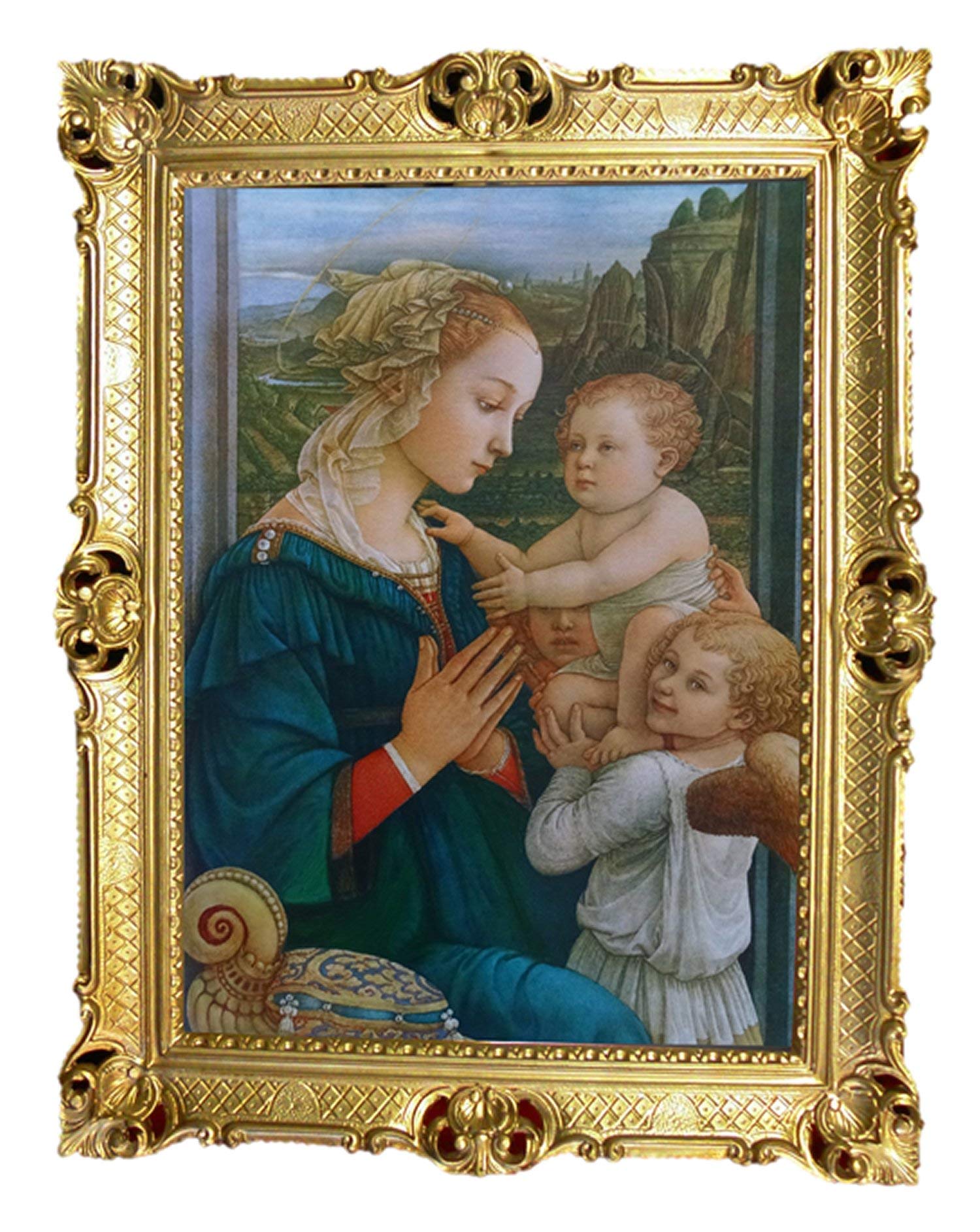 Mutter Maria Magdelena mit Kind Antik Barock Rahmen mit Bild Wandbild 70x90cm Kunstdrucke Gemälde Religiöse Bilder Kunst von Heiligen Heiligenbild Retro Repro für Home Büro Praxis Café 58B