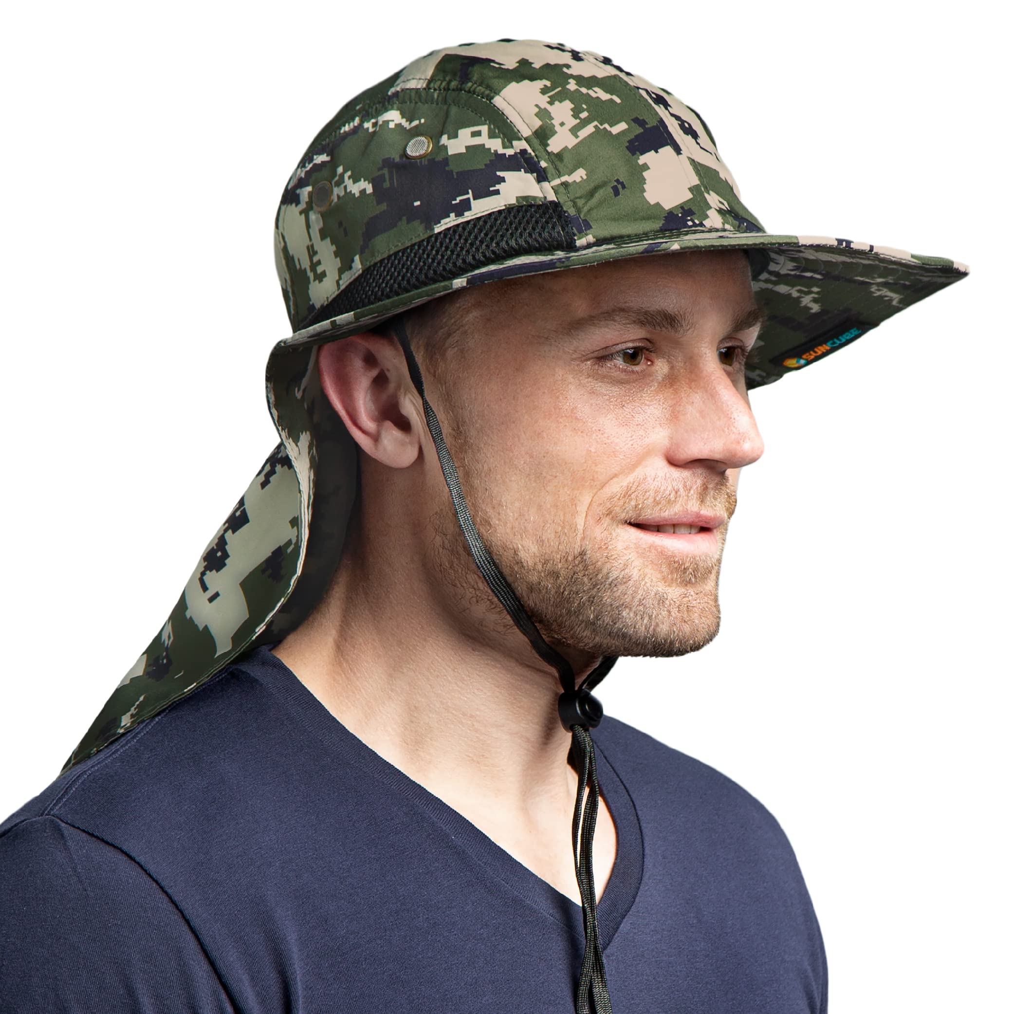 Suncube - Sombrero de pesca con cubierta para el cuello y solapa, amplia sombra, correa ajustable para la barbilla para exteriores, senderismo, safari, caza, verano UPF 50 +, malla transpirable