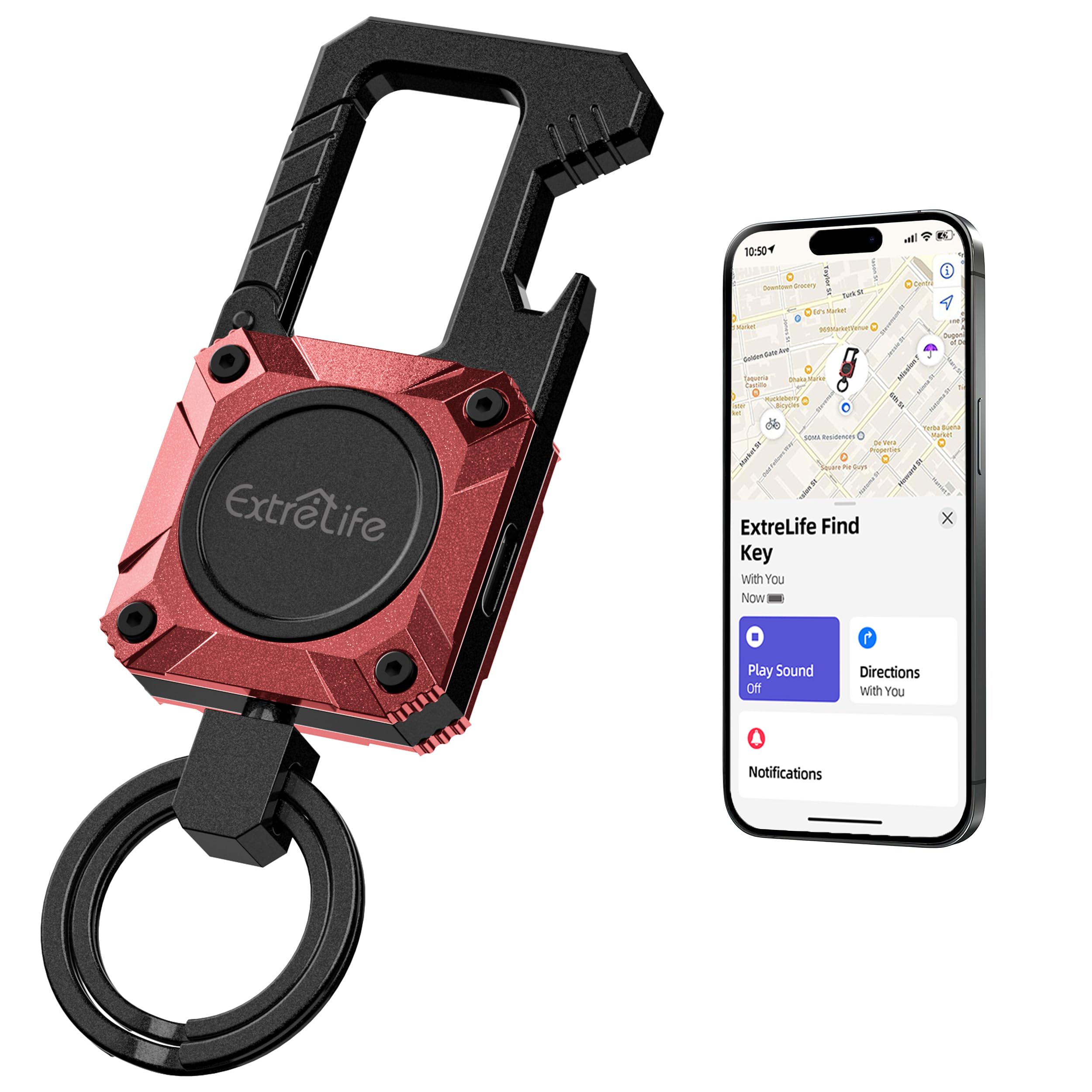 Key Finder, Works with Apple Find My (iOS only), Bluetooth Item Tracker with Carabiner Key Chain Bottle Opener for Luggage, Keys, Bags and More, Rechargeable Battery, IP67 Water-Resistant, Red-image-27