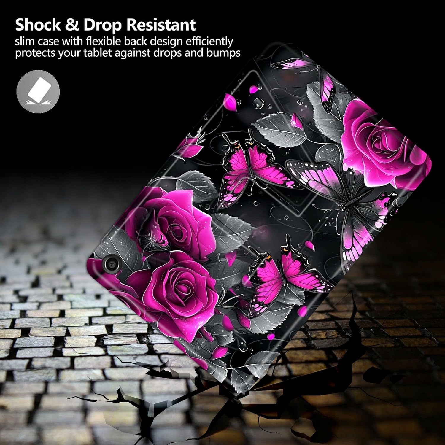 Case for Kindle Fire HD 8 & Fire HD 8 Plus Tablet (12th/10th Generation 2024/2022/2020 Release) Roses and Butterflies Theme 360 Degree Rotating Stand Smart Protective Cover for Fire HD 8 2022 Tablet