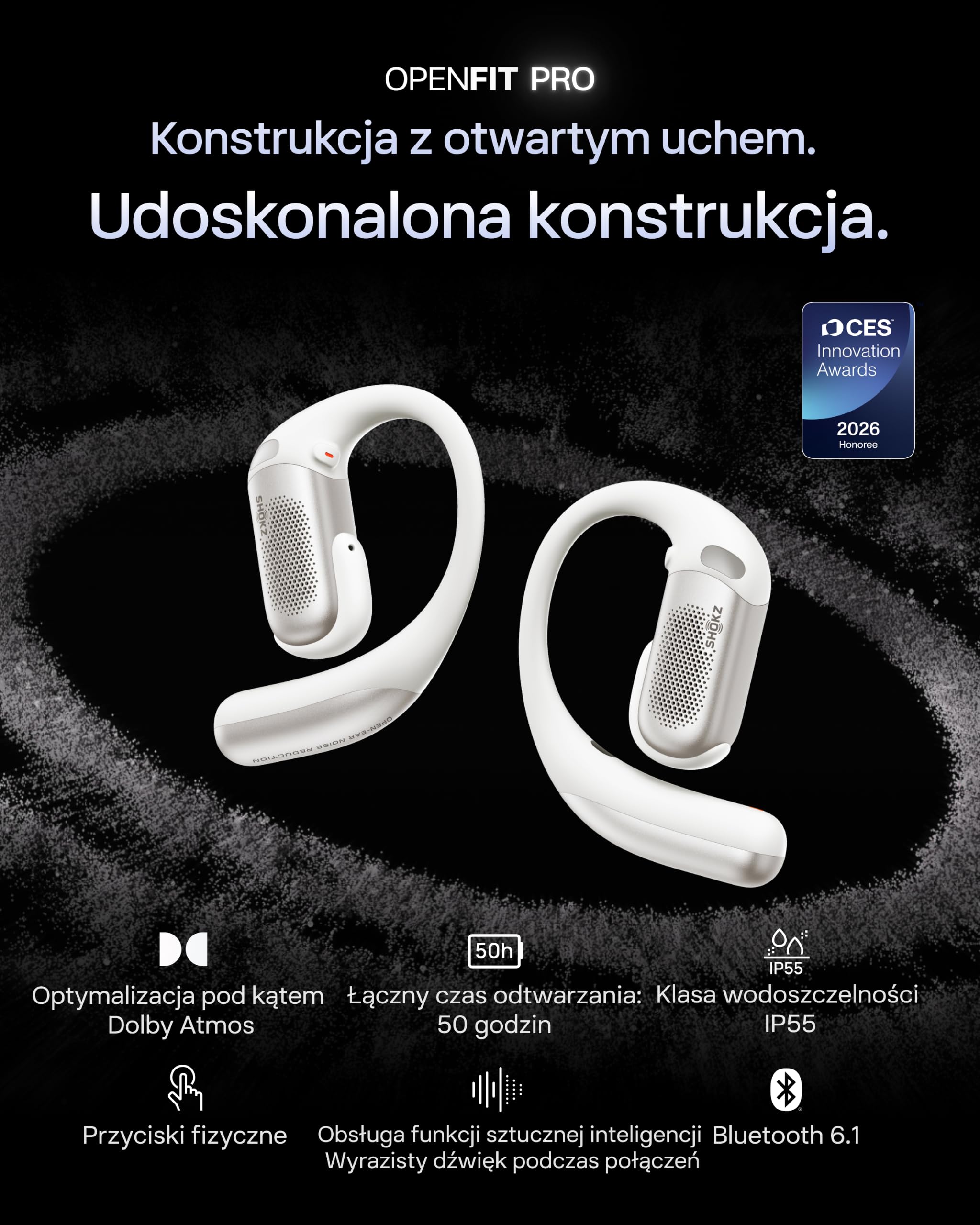 SHOKZ OpenFit Pro Open-Ear True Wireless Słuchawki, redukcja szumów, Dolby Atmos, głęboki bas, do 50 h pracy, AI dla wyraźnych połączeń, idealne do pracy i sportu, Bluetooth 6.1, IP55, Białe