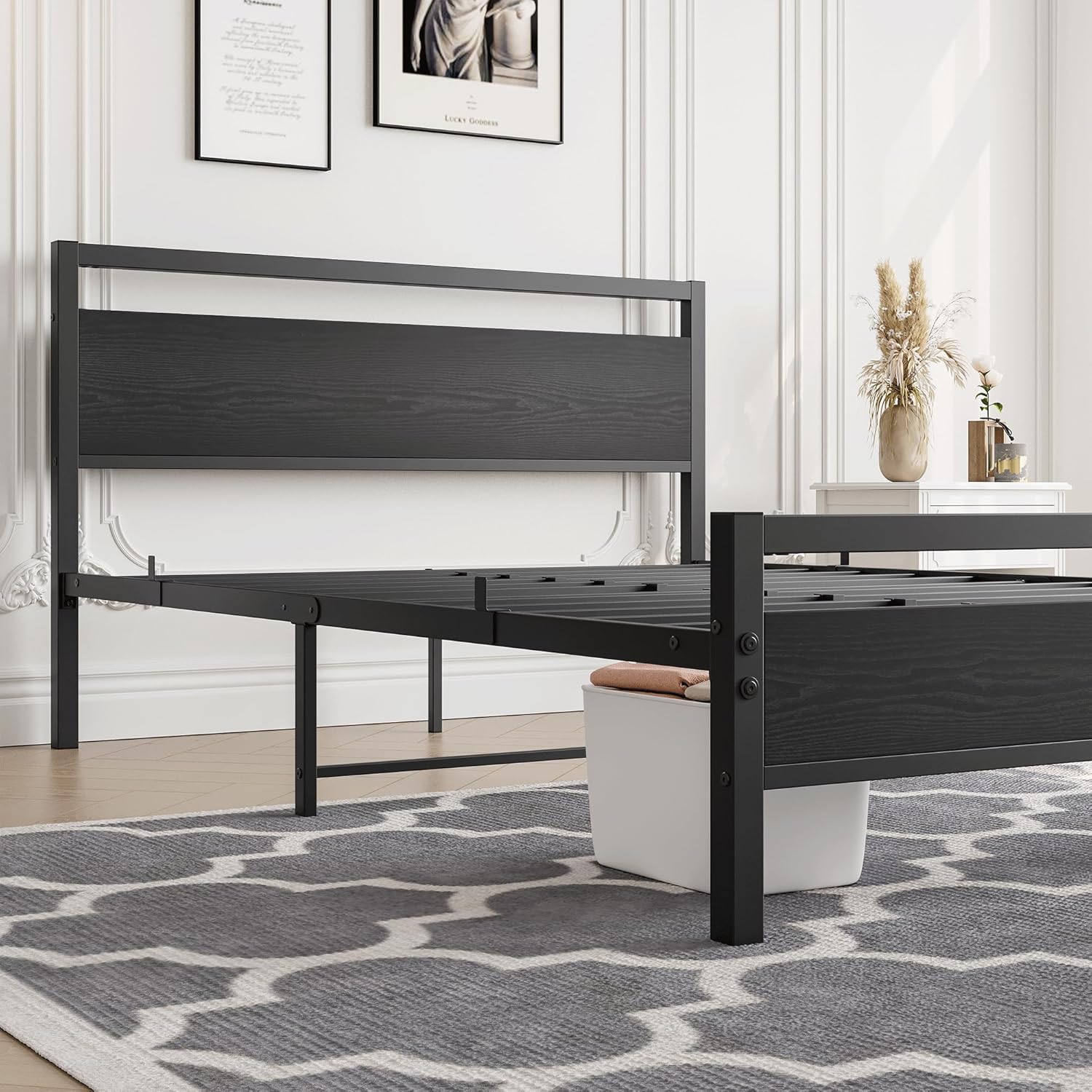 HOJINLINERO Full/Double Bed Frame Full Size with Wood Headboard,Heavy Duty Platform Bed Frame Double No Box Spring Needed,Metal Bedframe Double Bed with Storage,Strong Slats Support,No Noise,Black - Image 5