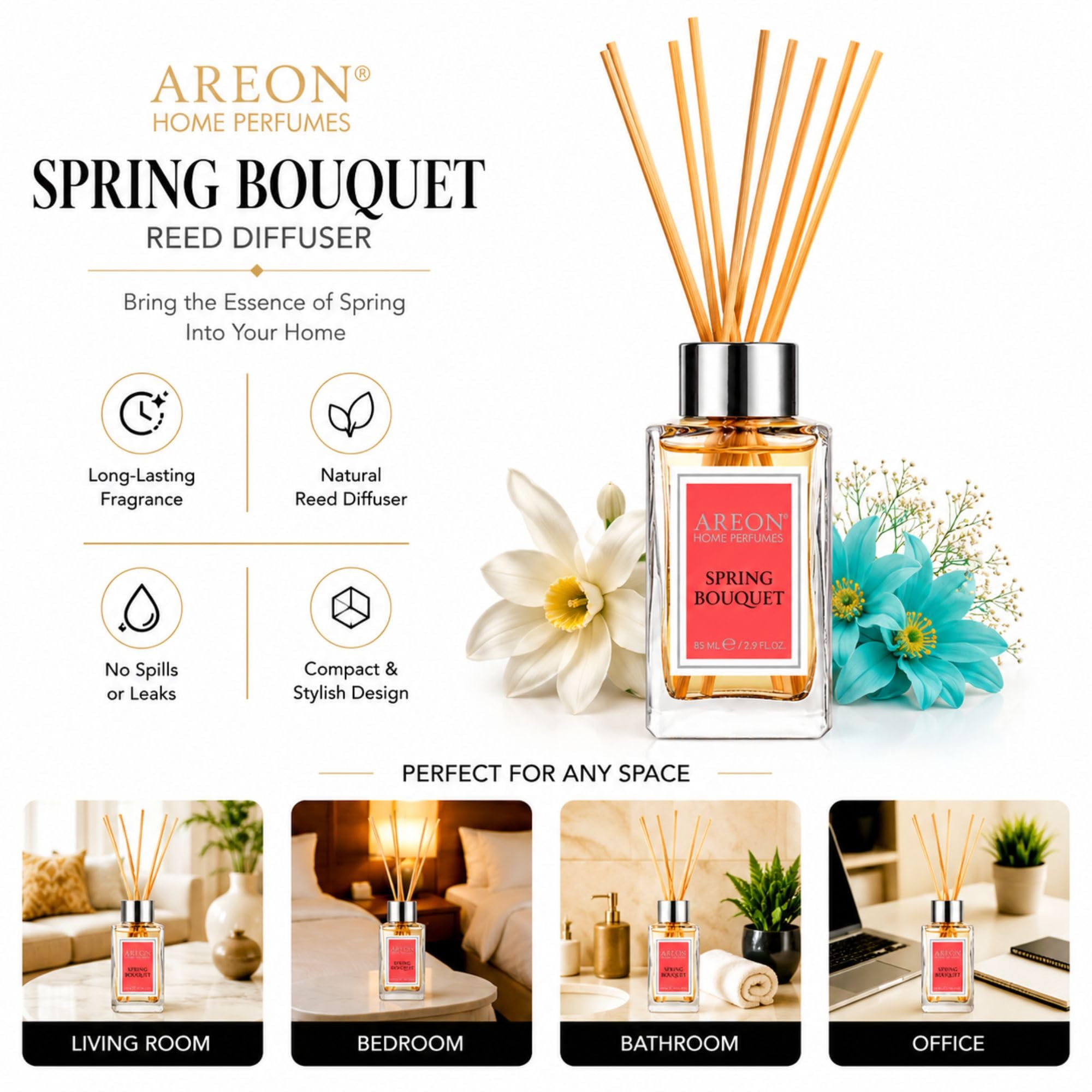 Zapach do pomieszczeń Areon Home PARFUM Dyfuzor z patyczkami rattanowymi Home & Office (paczula-lawenda i wanilia 85 ml)