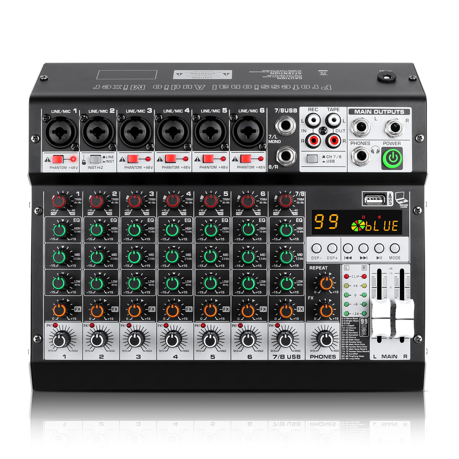 XTUGA Mezclador de audio de 8 canales de 8 m para podcasting, grabación, actuaciones, consola de mezcla de tablero de sonido DJ con 99 efectos DSP, alimentación fantasma de 48 V, Bluetooth
