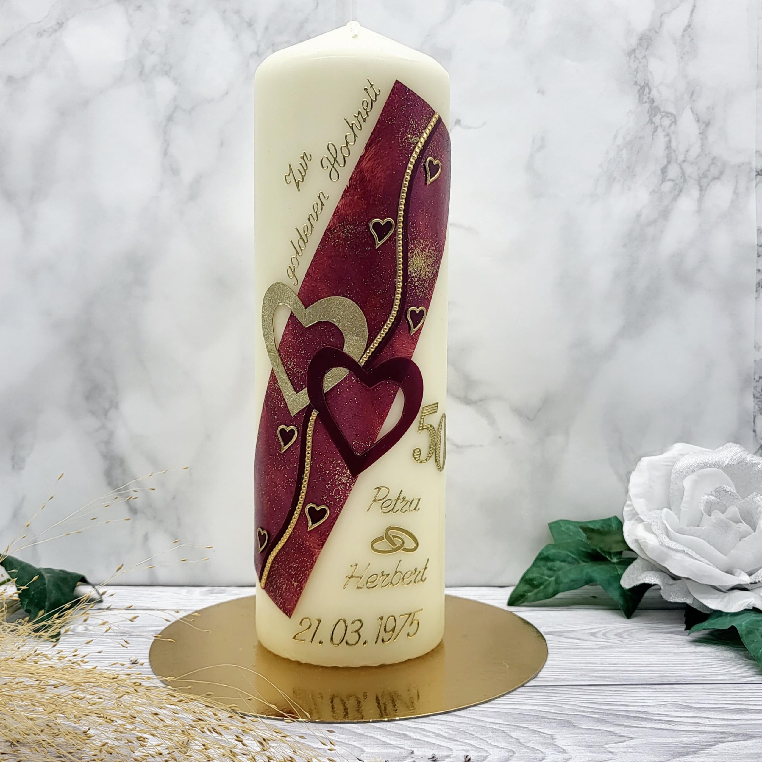 Kerze goldene Hochzeit mit Namen & Datum GH-28w in verschiedenen Farben HANDARBEIT Geschenkverpackung/Kerzenständer optional