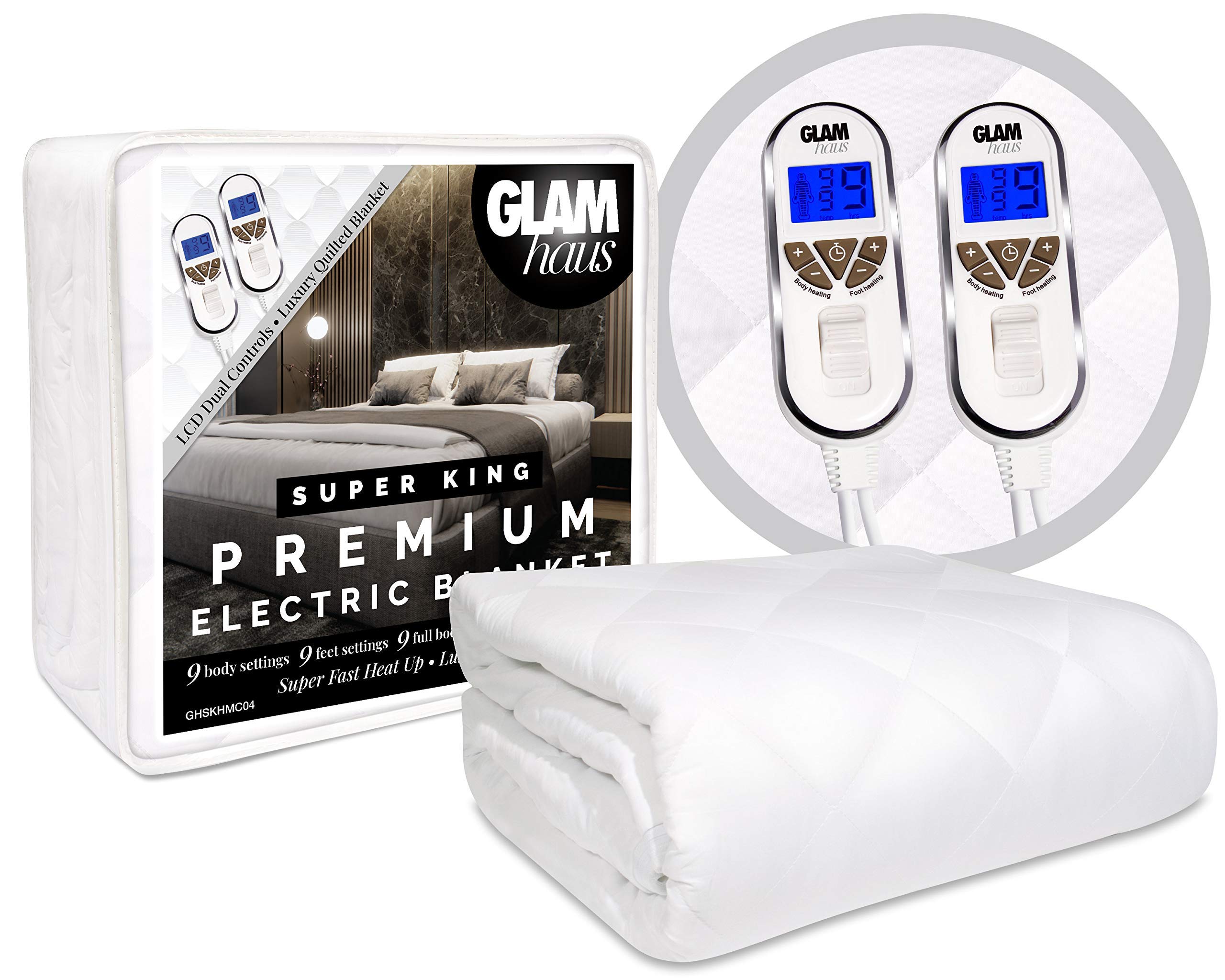 GlamHaus Super King Size Electric Blanket Dual Control - Fitted Mattress  Fitted Bed Under Cover With Elasticated Skirt - Premium White Diamond  Quilted - Heat/Timer Settings - Machine Washable : Amazon.co.uk: Home