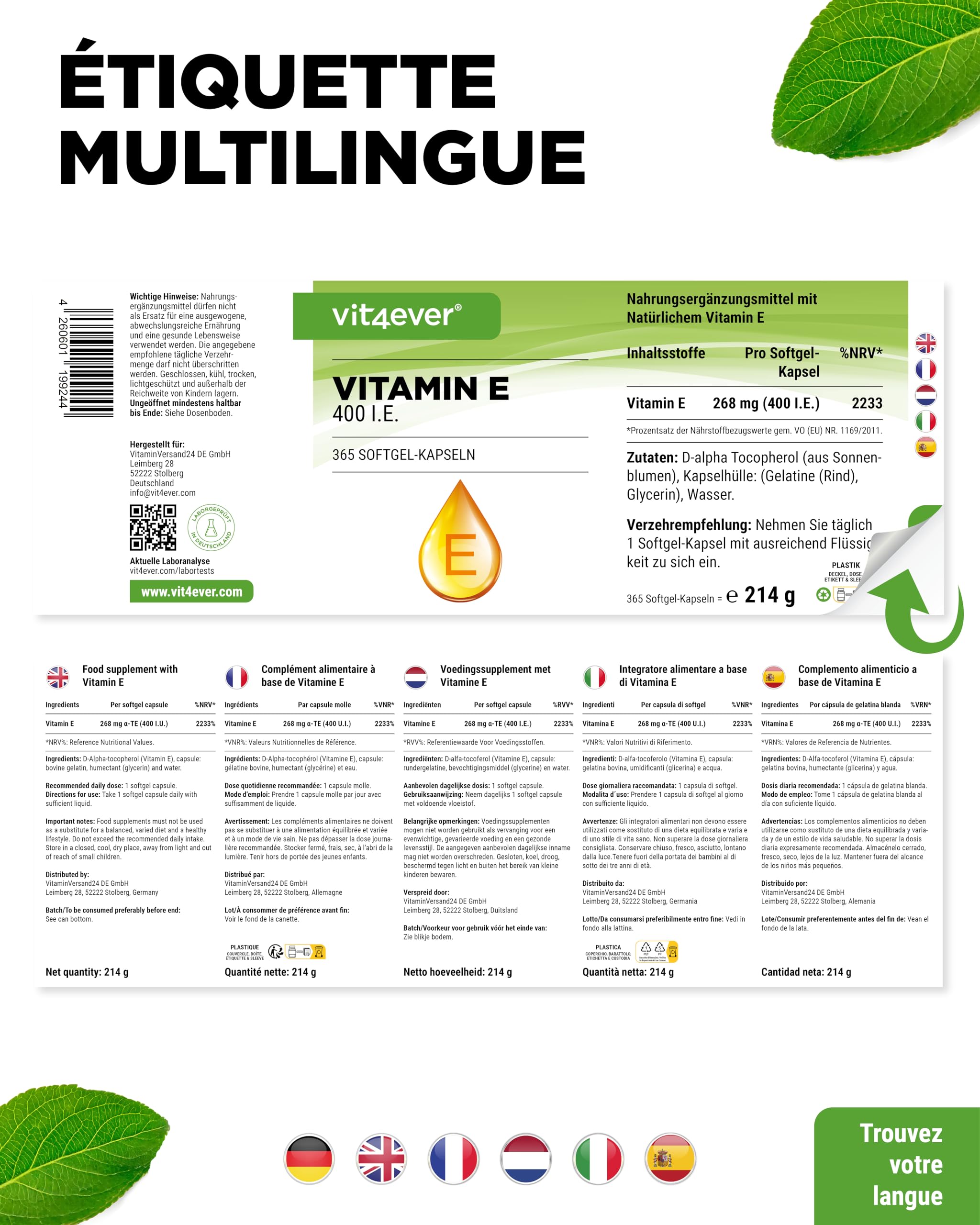 Vitamine E 400 U.I. naturelle - 365 capsules softgel - Premium : vitamine E naturelle de tournesol - 12 mois d'approvisionnement - fortement dosé