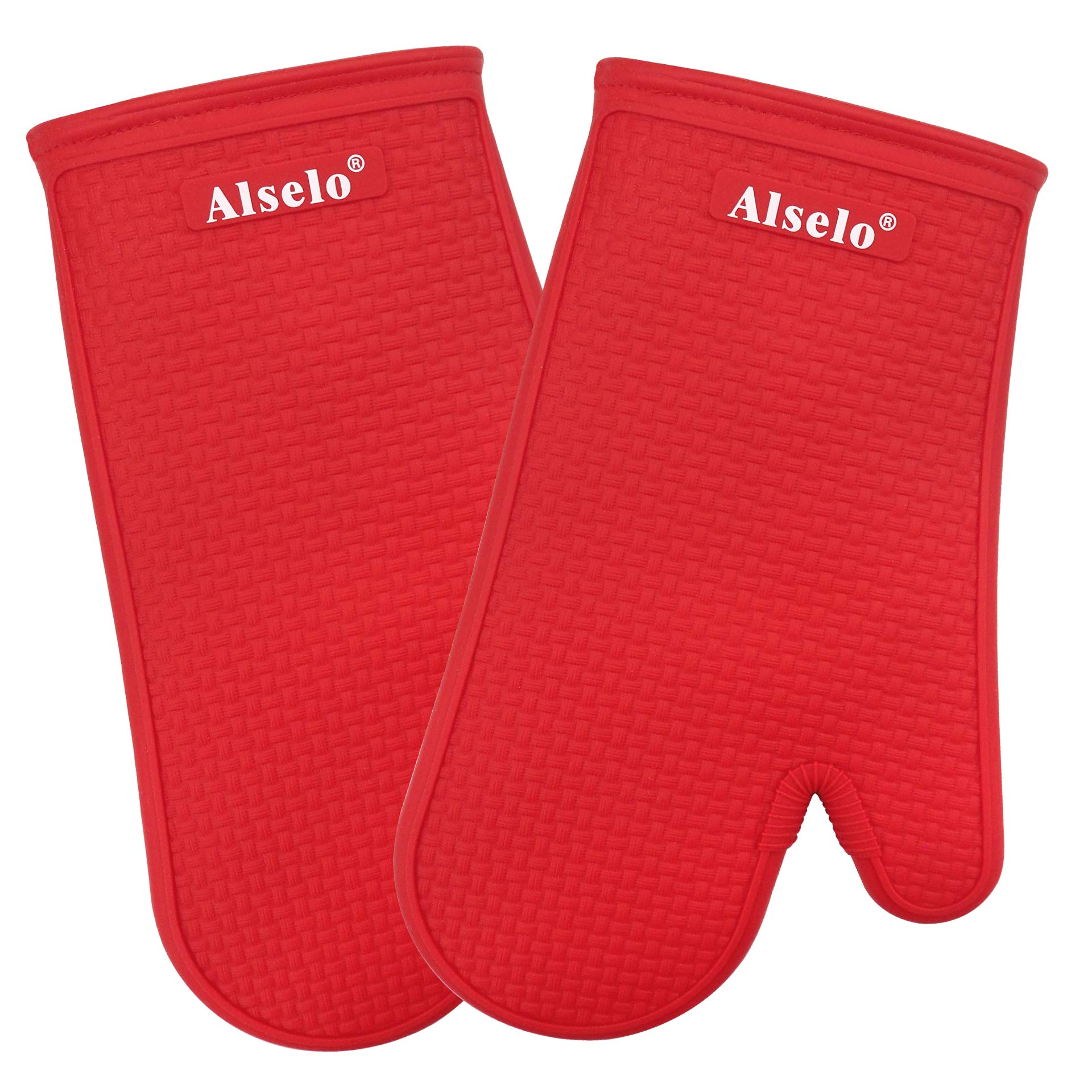 Alselo Red Oven Mitts Heat Resistant Silicone Kitchen Gloves For 500 Degrees With Waterproof And Non-Silp, Set Of 2 Oven Gloves For Backing Cooking Barbecue Microwave Machine Washable (, 2)