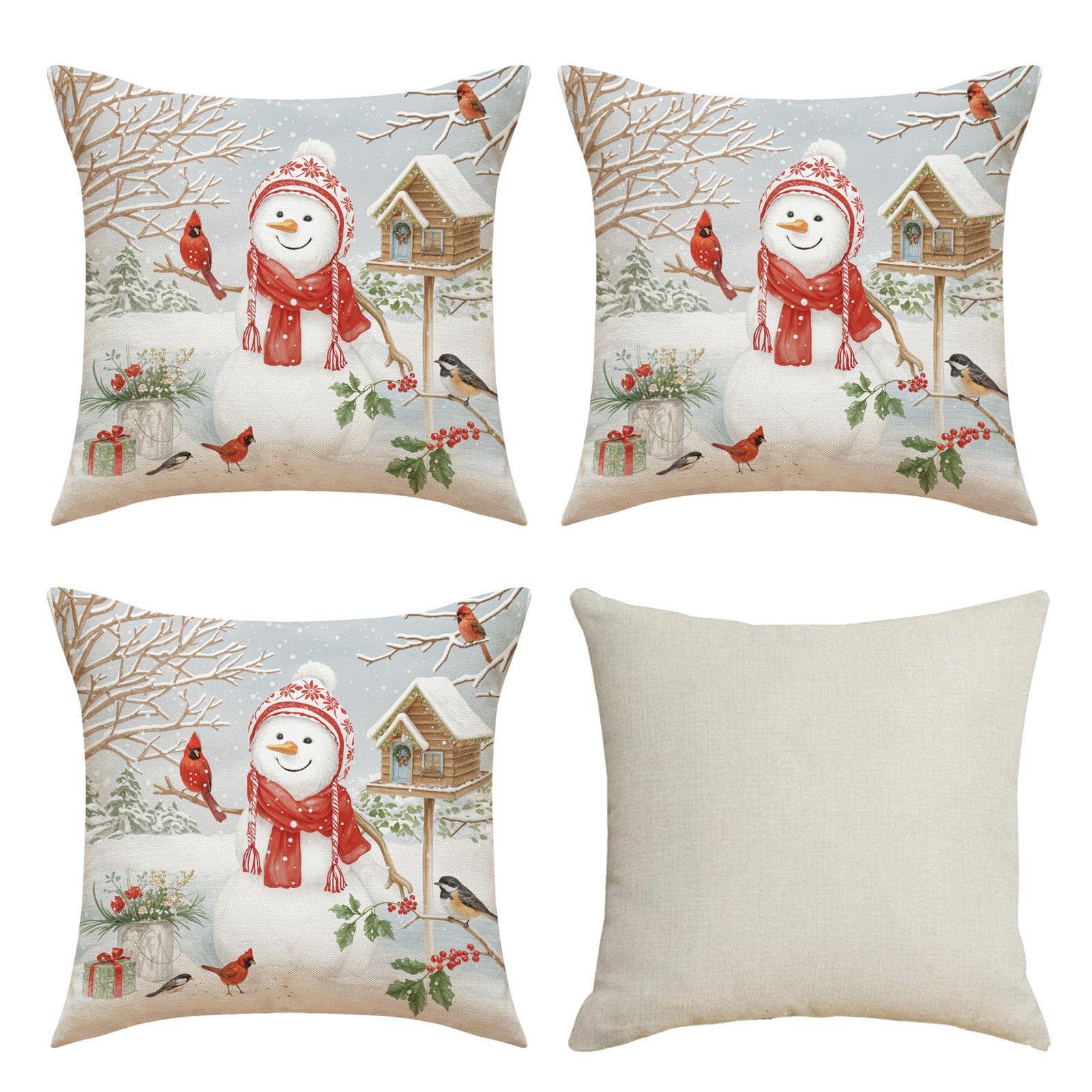 Jazuaiao 4PCA Linen Pillowcases with Snowman Print Cushion Covers 45X45cm Pillow Covers for Home and Use Square Pillowcase