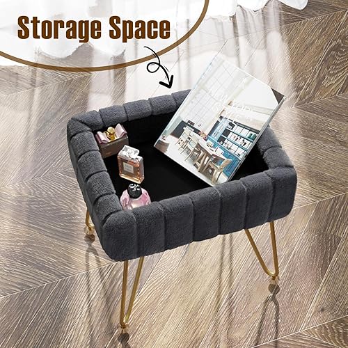 Miniatura 6 de Greenstell Taburete de tocador de piel sintética con almacenamiento, 15.7 pulgadas de largo x 11.8 pulgadas de ancho x 19.4 pulgadas de alto, Gris