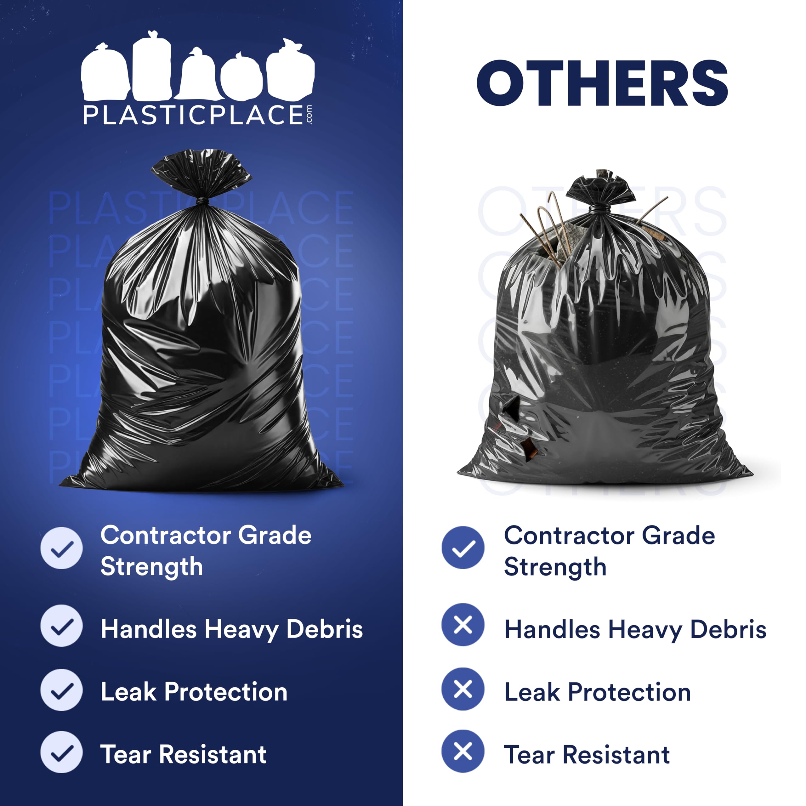 Plasticplace Bolsas de basura para contratistas de 55-60 galones, 6.0 mil, bolsa de basura negra resistente, 36 x 58 pulgadas (20 unidades) (CON55X620A)