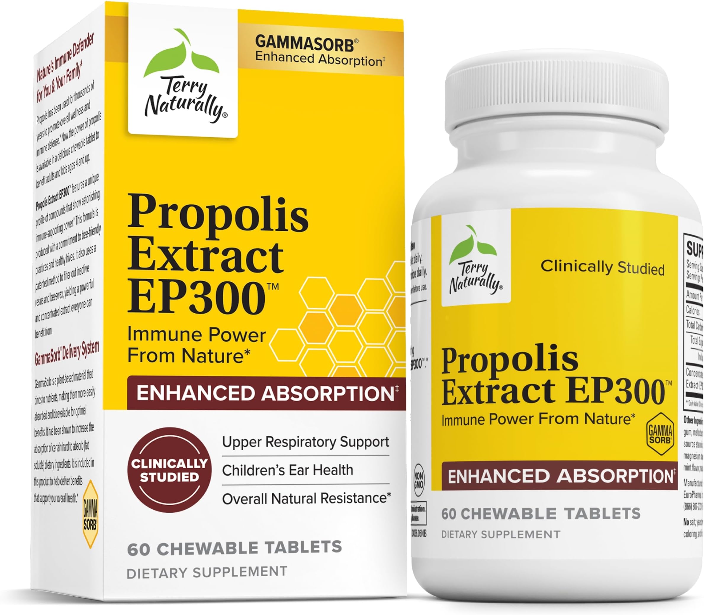 Terry Naturally Propolis Extract EP300 - Upper Respiratory & Immune System Support Supplement - Non-GMO with Bee Propolis Extract - Child & Adult Supplement - 60 Chewable Tablets