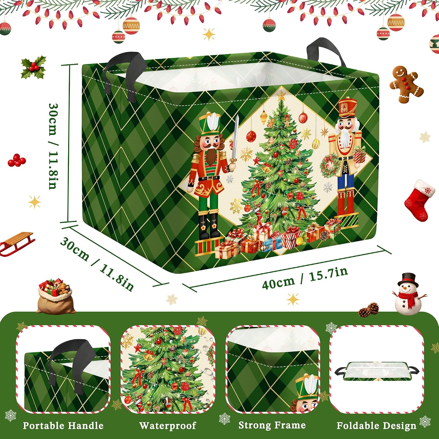 Clastyle Large Nutcracker Decor Basket Collapsible Diamond Plaid Christmas Tree Gift Basket Rectangle Book Clothes Toy Xmas Bin, Green, 40x30x30 cm image 2