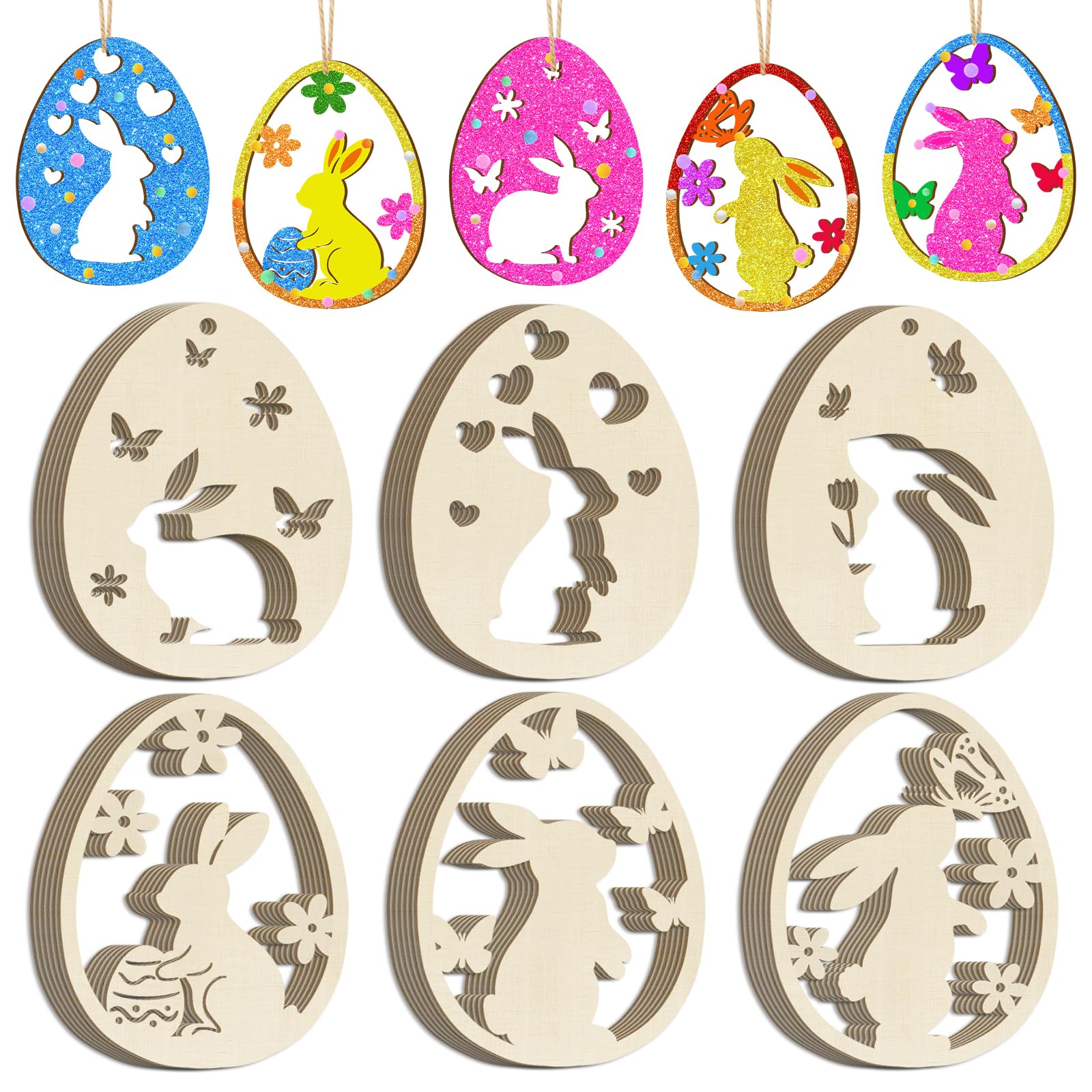 36 Pcs Wooden Easter Ornaments,6 Styles DIY Wooden Egg Bunny Ornaments Craft Kits for Kids Easter Blank Unfinished Paintable Cutouts Hanging Decorations for Classroom Party Home Decor(Side) — image 1