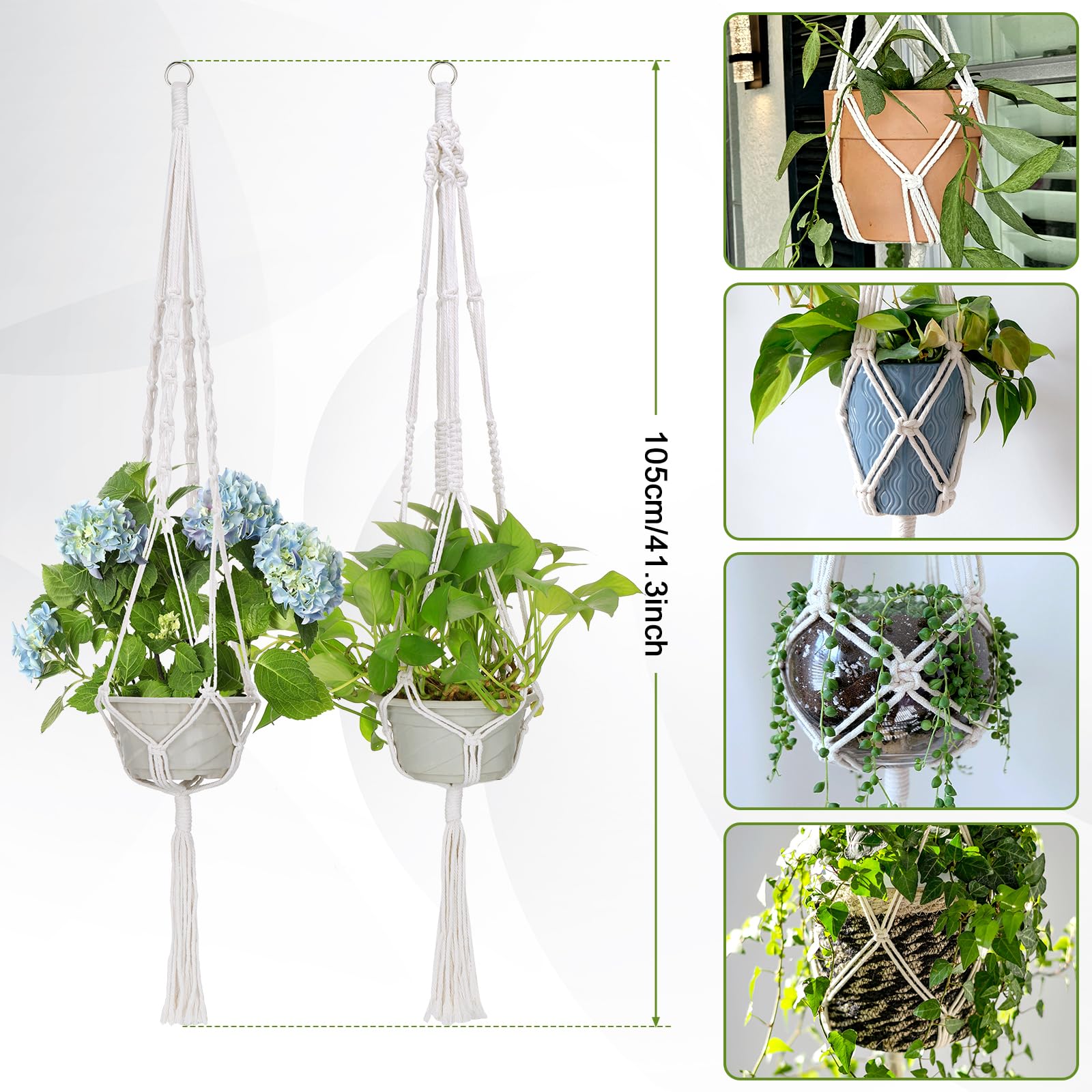 Everpwr Lot De 3 Suspensions En Macramé Pour Pot De Fleurs D'intérieur Et D' Extérieur - Corde En Coton Avec Perles Et Pompons Pour Plafond, Extérieur, Jardin, Décoration D'intérieur - 105 Cm/107