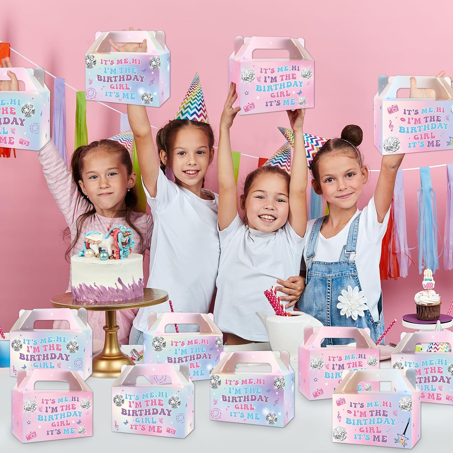 12 Pcs Hi Im the Birthday Party Favor Boxes Popular Music Party Treat Box Supplies Iridescent Music Singer Paper Gift Candy Box with Handle for Girl Women Birthday Baby Shower Parties Decoration