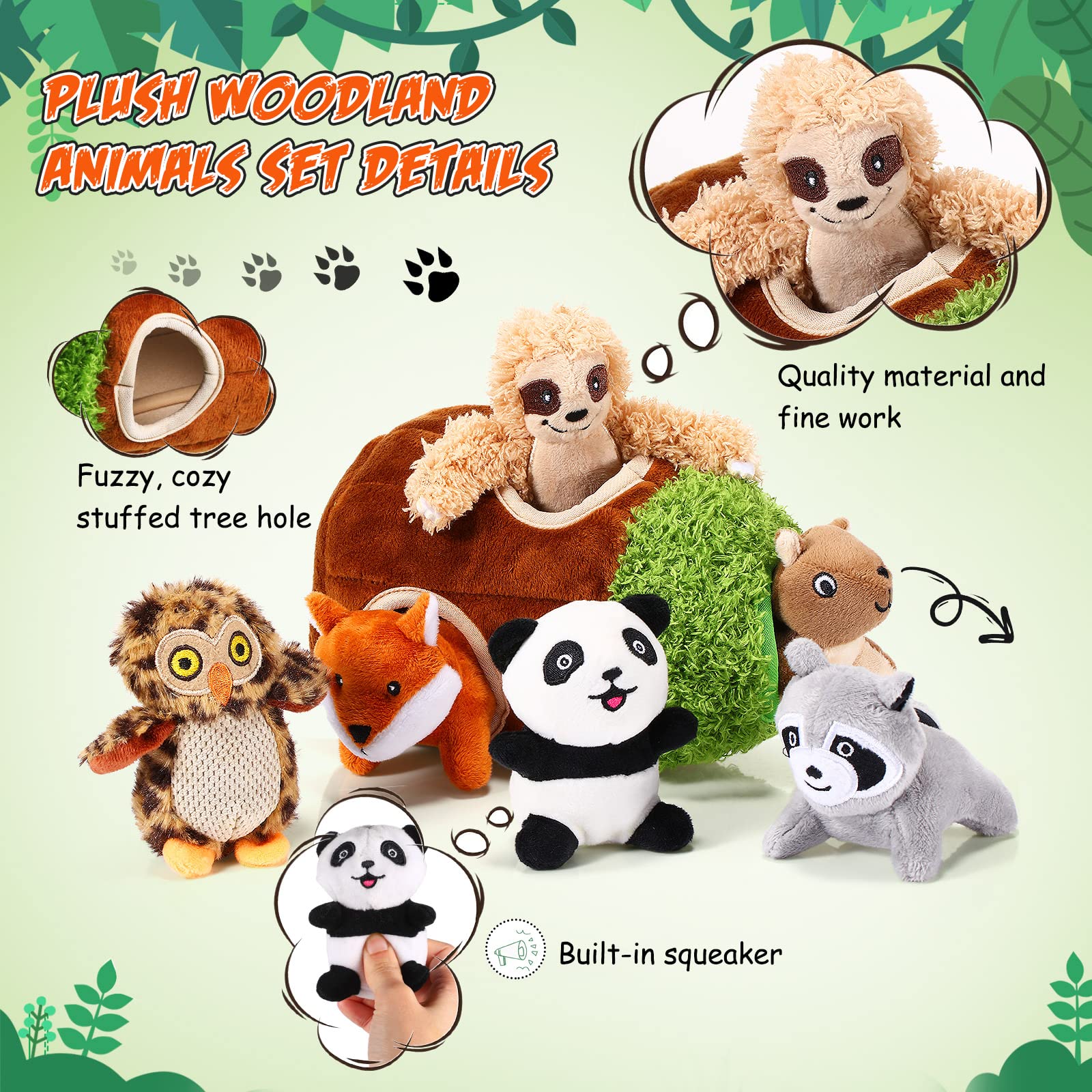 Lot de 7 jouets couineurs pour chien - Jouet à mâcher en peluche - Amis de la forêt - Couineurs pour chiens de petite et moyenne taille - Mignon, taille S