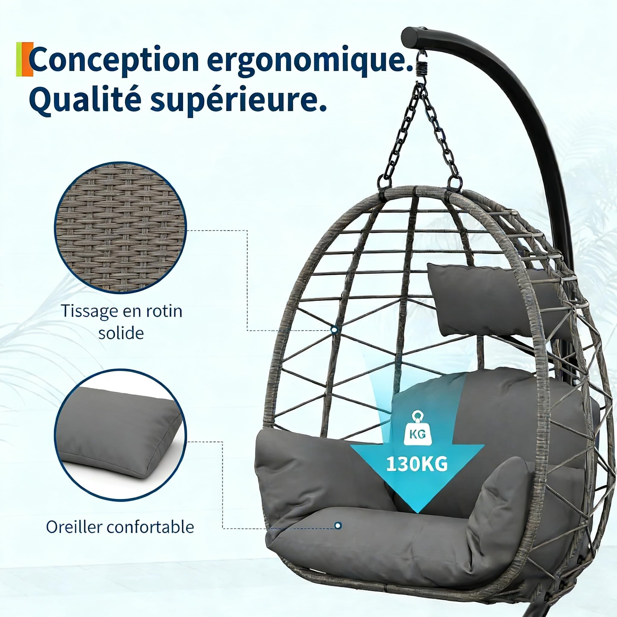 Poltrona sospesa in rattan, sedia amaca coccooning con struttura in acciaio, carico 130 kg, sedia sospesa uovo con copertura antipioggia, amaca altalena per giardino, terrazza, angolo lettura (196 x