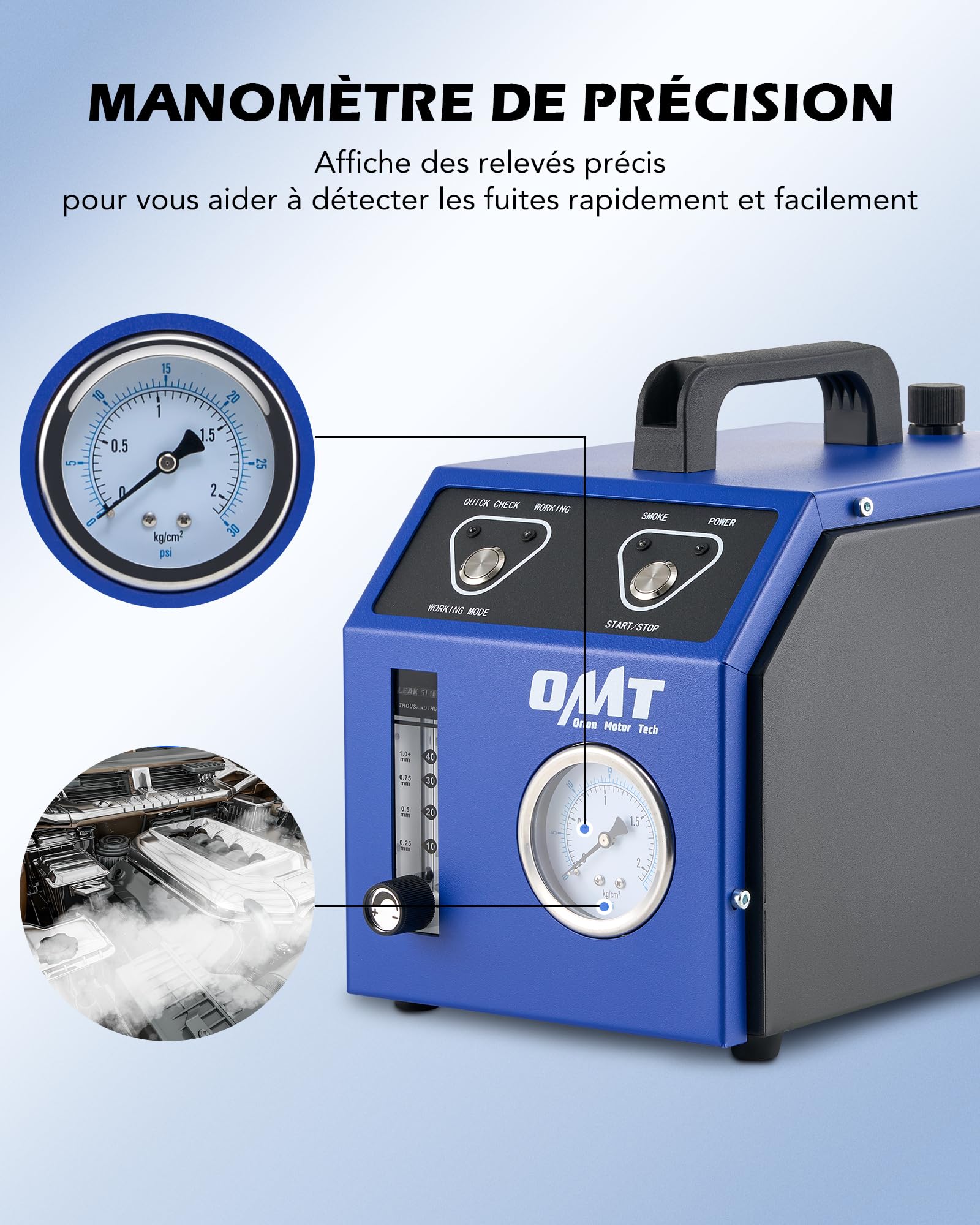 Orion Motor Tech Machine à Fumée EVAP Automobile DC 12V avec Détecteur de Fuites Voiture Détection de Fumée avec Manomètre d'Huile 6 L/Min Débitmètre d'Huile Minérale Airbag & Adaptateurs Cône