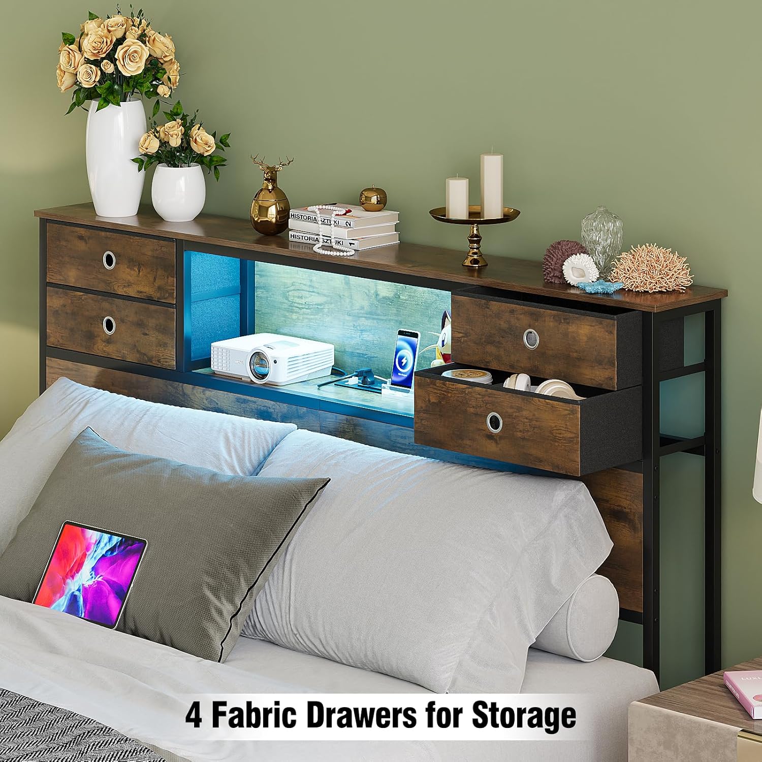 GiftGo Queen Size Headboard with 4 Fabric Storage Drawers Charging Station LED Light Adjustable Height Storage Rack Sturdy and Stable Metal Frame & Wood Shelf (Rustic Brown, Queen (U.S. Standard)) Rustic Brown Queen (U.S. Standard)