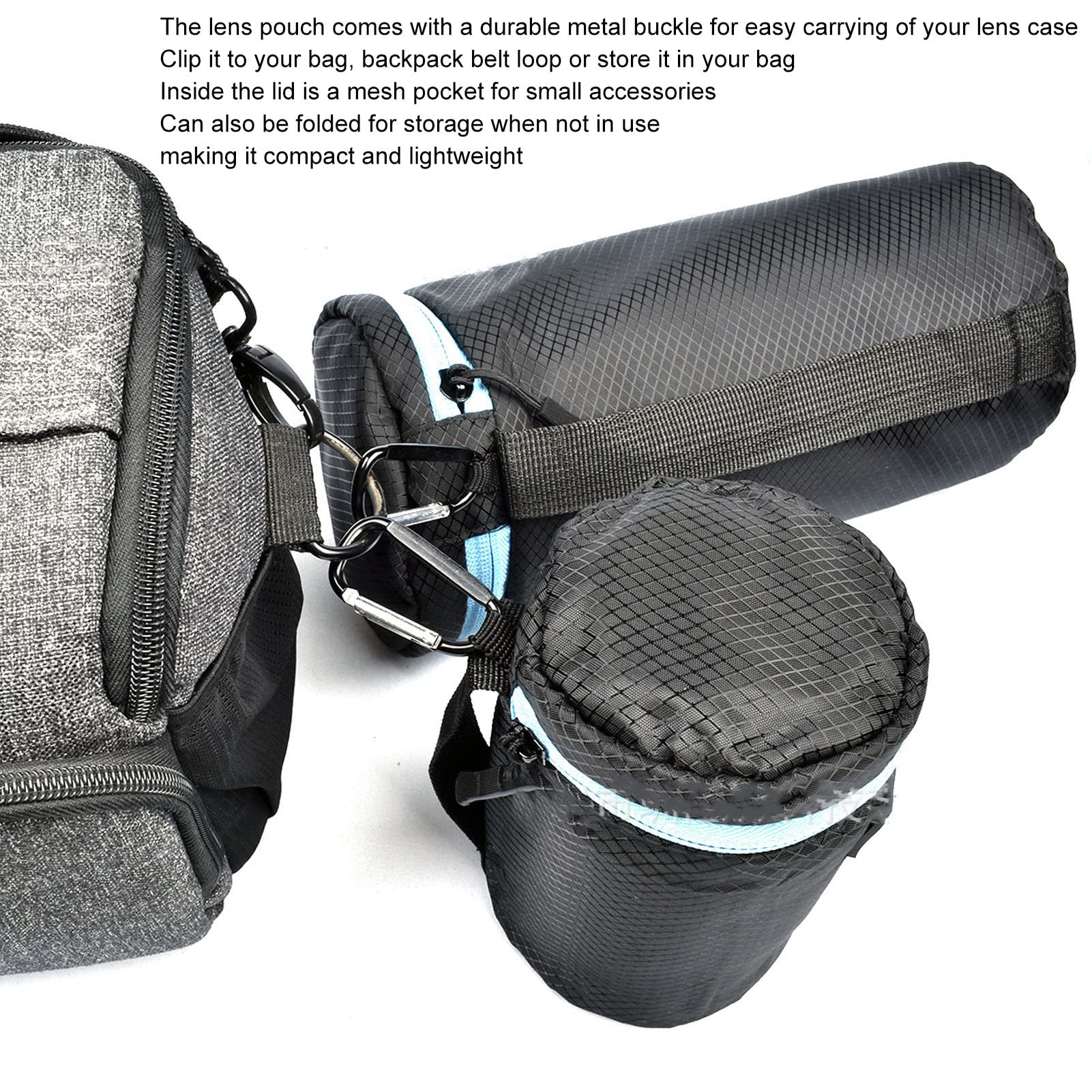 POCREATION 4Pcs Neoprene Camera Lens Pouch, Metal Buckle, Mesh Pocket, Thick Padding, Waterproof, for DSLR Micro Single Lenses