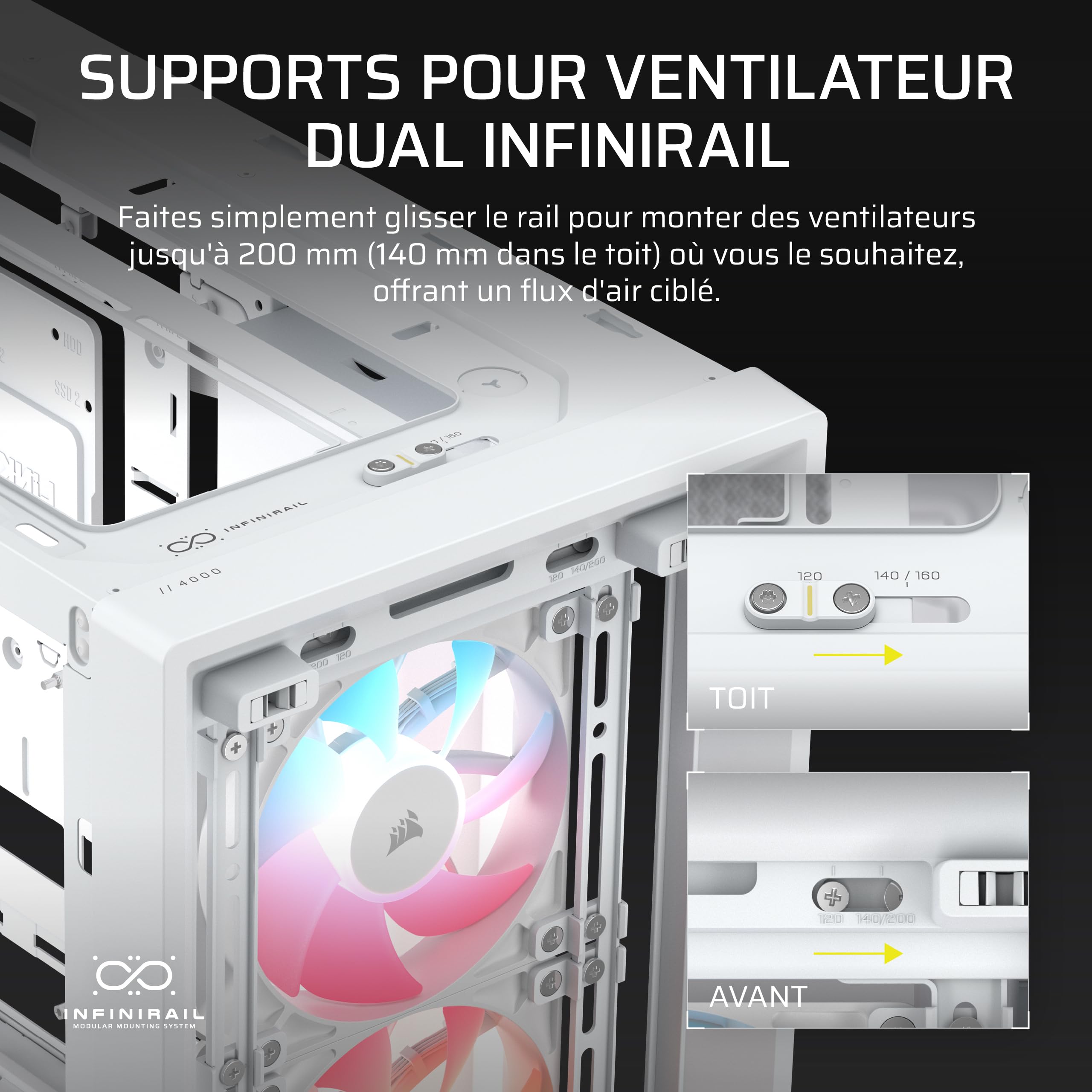 CORSAIR Frame 4000D LCD RS ARGB Boîtier PC – Écran Tactile LCD XENEON Edge 14,5 Pouces, Système InfiniRail, 4 Ventilateurs RS120 ARGB – Prend en Charge Les Cartes Mères à Connecteur Inversé – Blanc