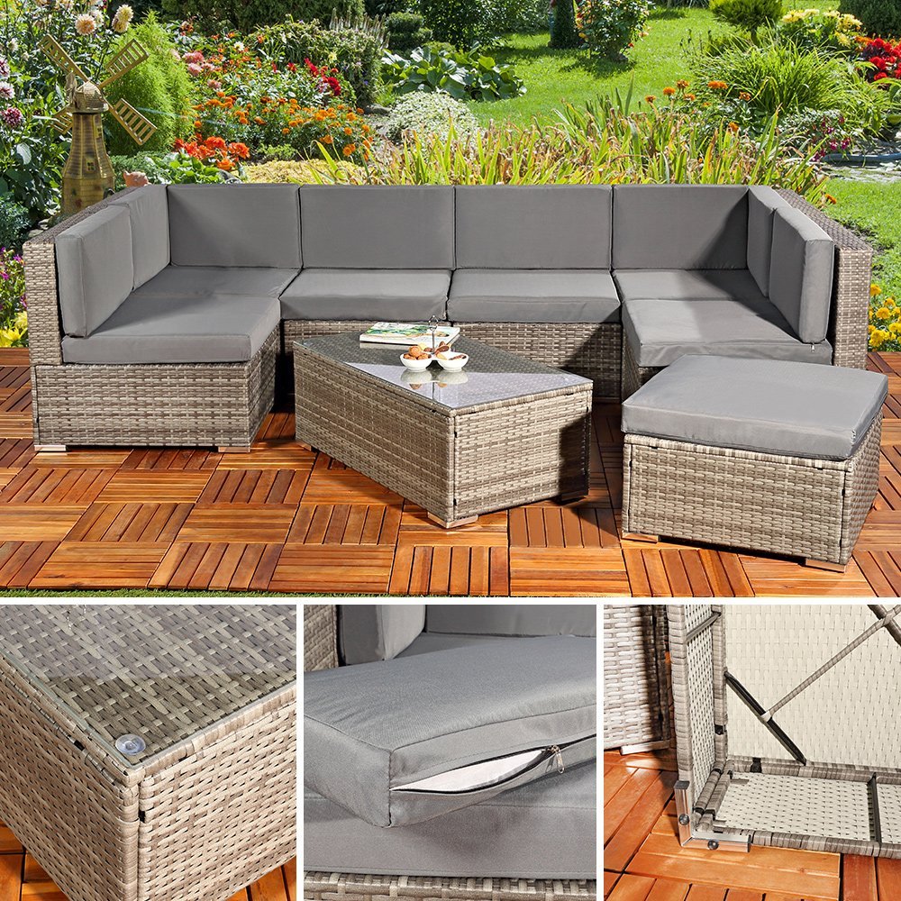 Melko XXL Rotin meublier, Ensemble de Jardin, Poly-rotin, Lounge, Meuble de Jardin, Suite, Gris Sofa