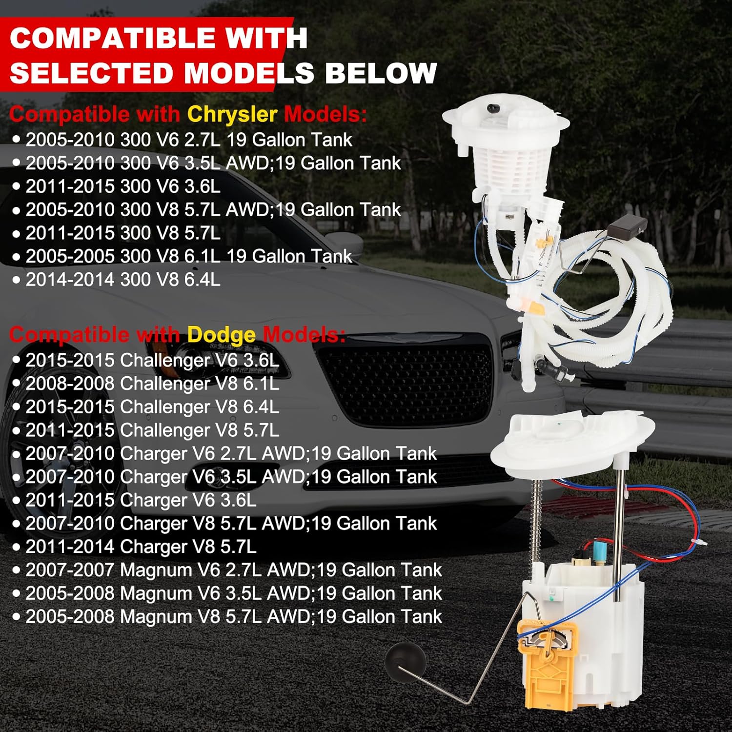 Electric Fuel Pump Module Assembly w/Sending Unit Compatible with Chrysler 300 2005-2015 & Dodge Challenger 2008-2015, Charger 2007-2015, Magnum 2005-2008, OE# 68102695AG, 5136023AC, Left & Right