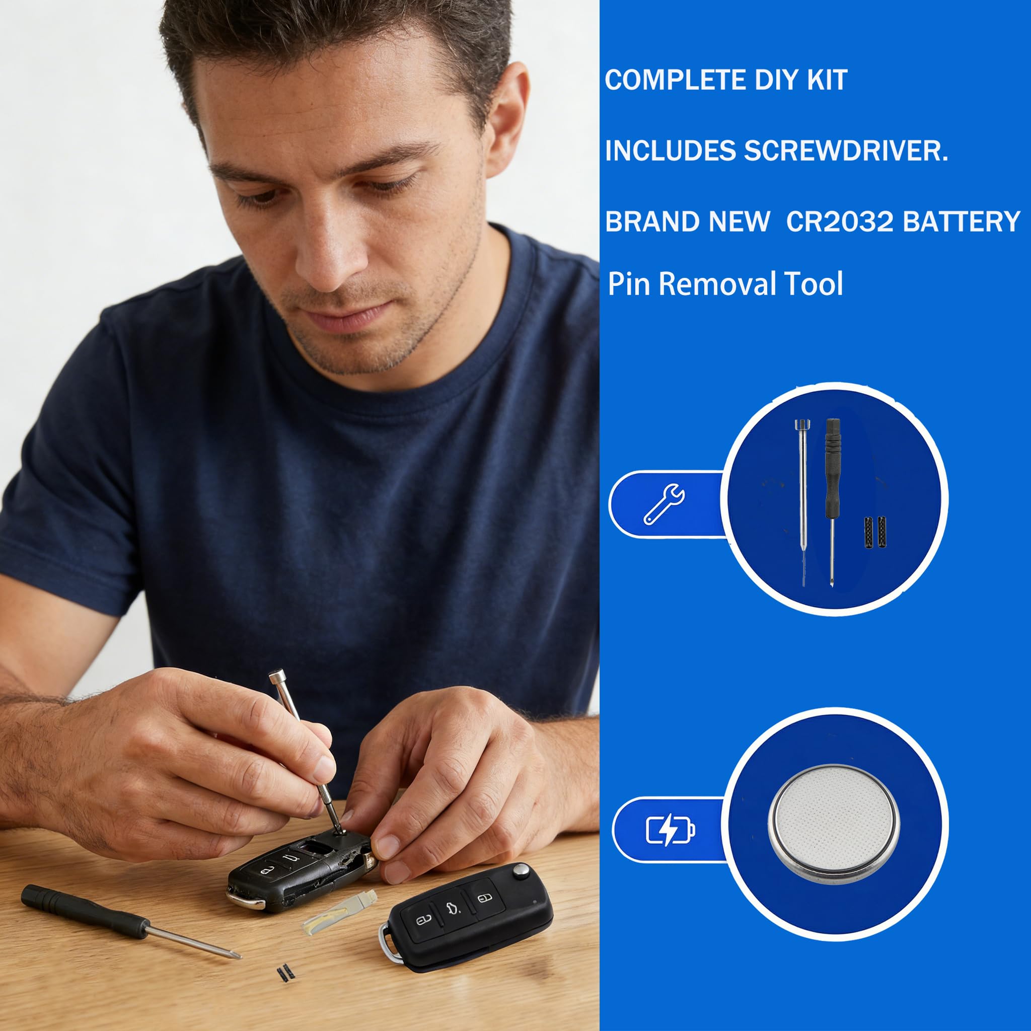 3 Buttons Flip Volkswagen Car Key Fob Shell for VW Up Golf MK5 MK6 Polo Tiguan Passat Jetta Caddy Transporter T6,Skoda Octavia Fabia,Seat Ibiza Leon Key Case with VW Key Blade Pin Tools - 4