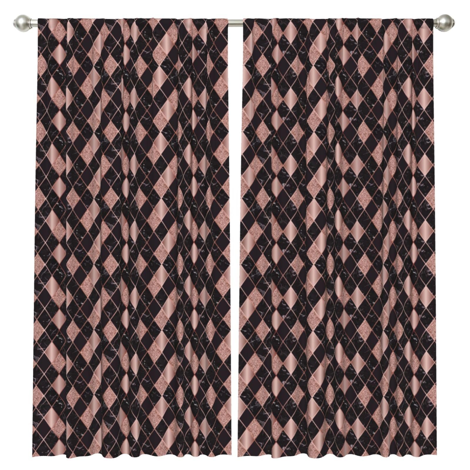 InOmak Rose Gold Marble Pink Black Geometric, 2 Panels Window Curtains 52 x 84 Inch Blackout Curtains for Living Room Bedroom