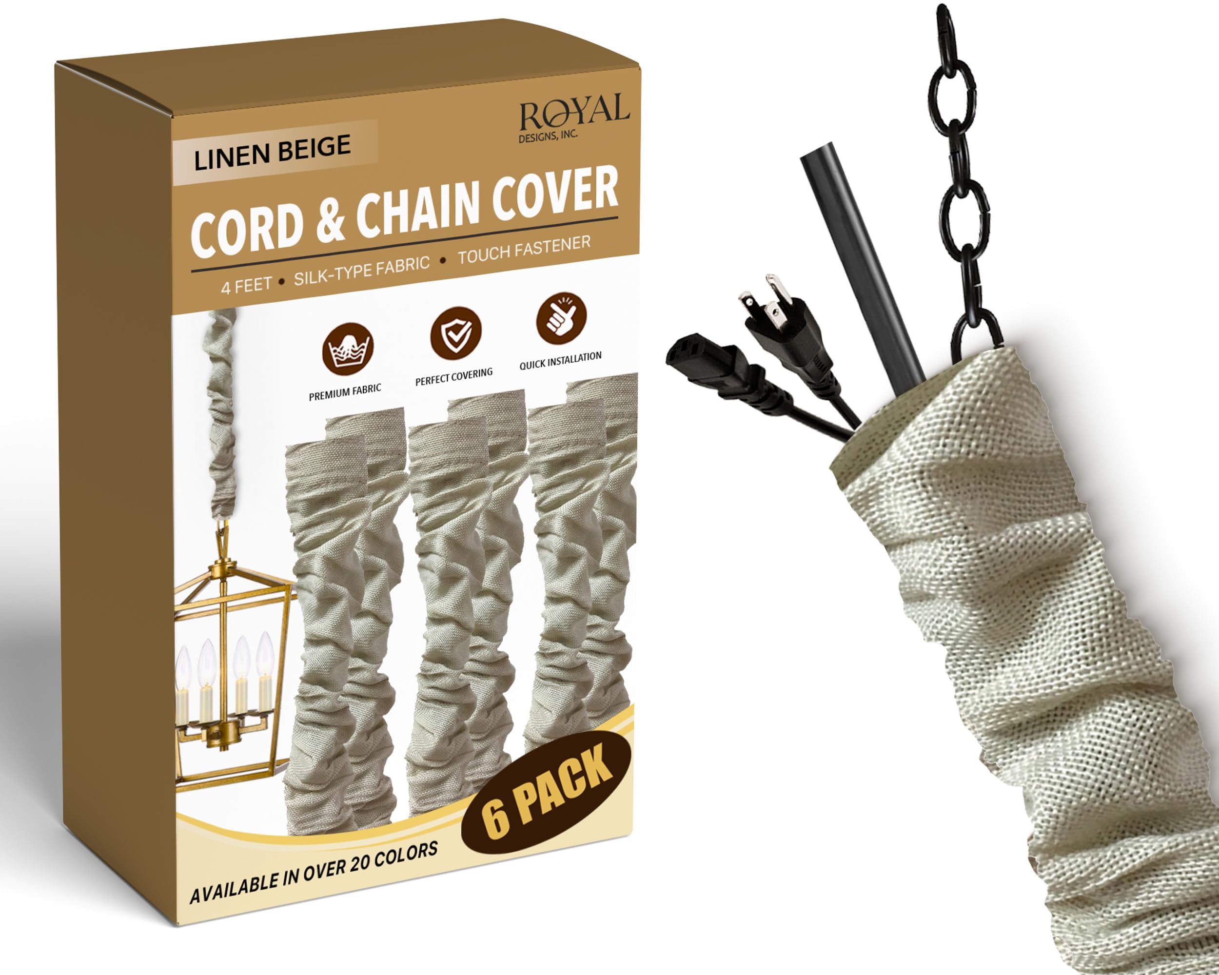 Royal Designs, Inc. Cord &amp; Chain Cover 4 ft Silk Type Fabric, Chandelier Pendant Lighting Chain &amp; Cable Management, Touch Fastener, Linen Beige - 6 Pack