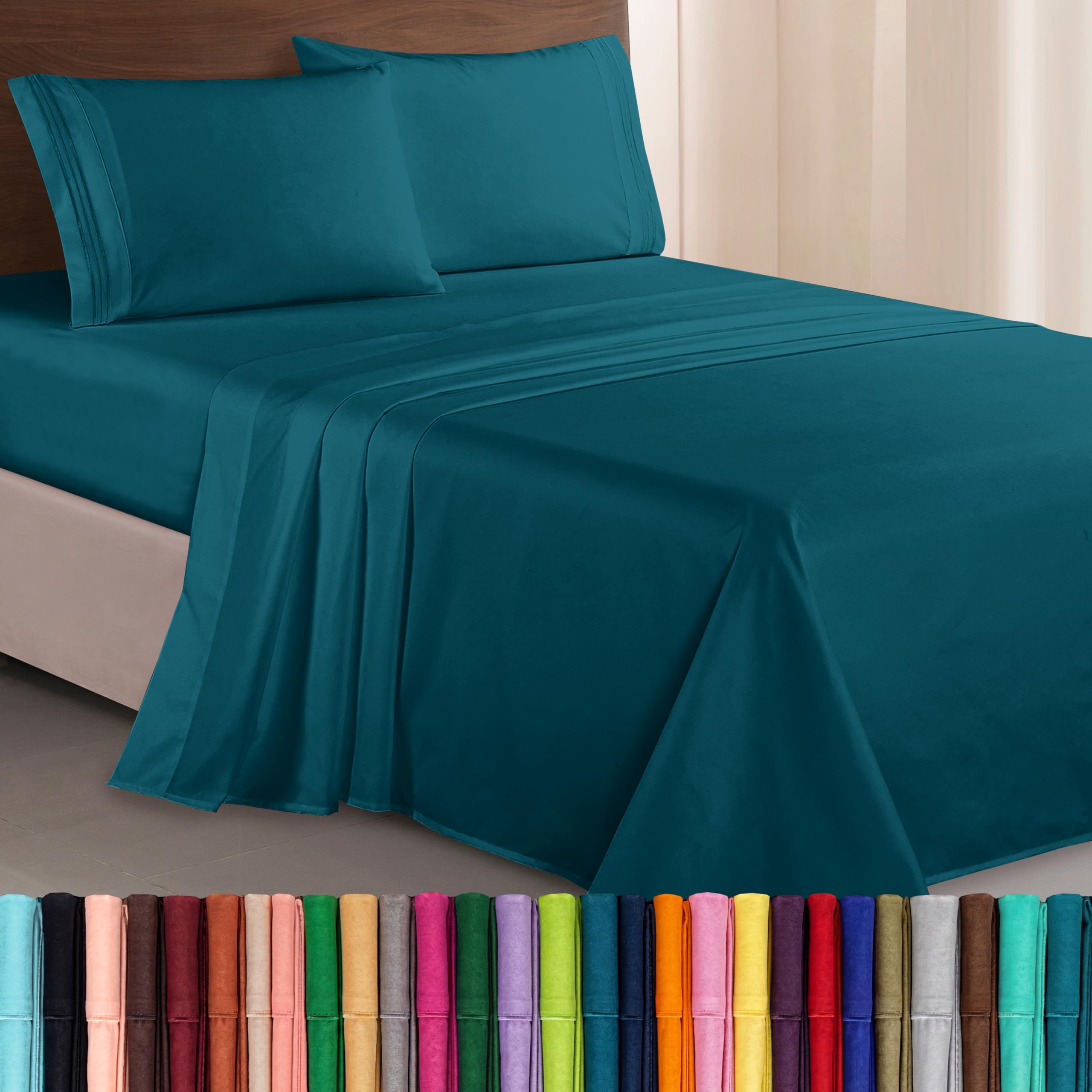 Elegant Comfort Luxurious 1500 Premium Hotel Quality Microfiber Three Line Embroidered Softest 4-Piece Bed Sheet Set, Wrinkle and Fade Resistant, King, Marine Teal
