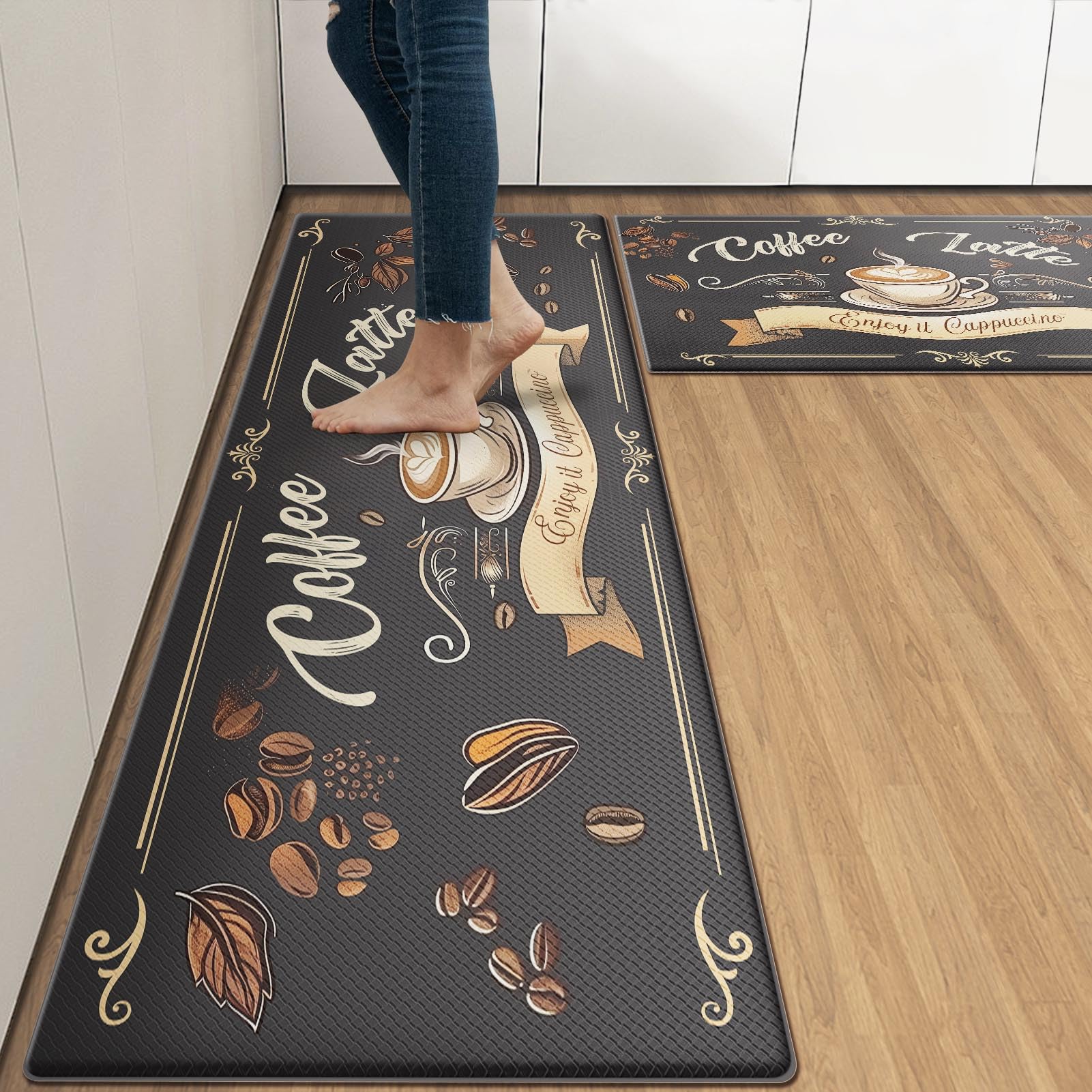 Arttown Coffee Latte Anti-Fatigue Kitchen Rug Set of 2 Brown Black Farmhouse Vintage Cushioned Kitchen Floor Standing Mat Waterproof Non-Slip Kitchen Mat and Rugs PVC Ergonomic Comfort Foam Rug — image 1