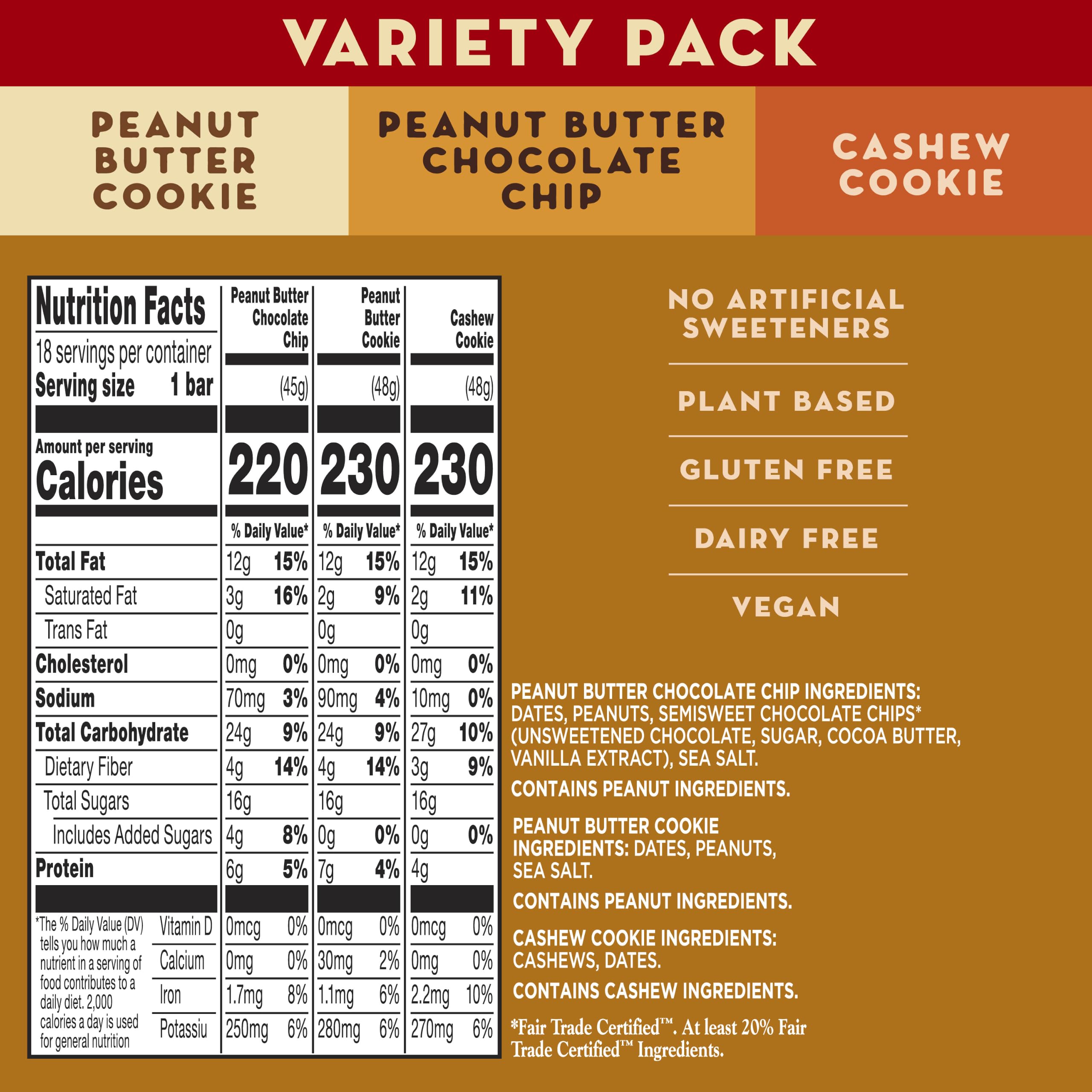 Larabar - Paquete variado de barras de frutas y nueces, 18 unidades, 30 onzas | PB Choc Chip, galletas PB y galletas de anacardo, 6 barras cada una, sin lácteos, sin OMG
