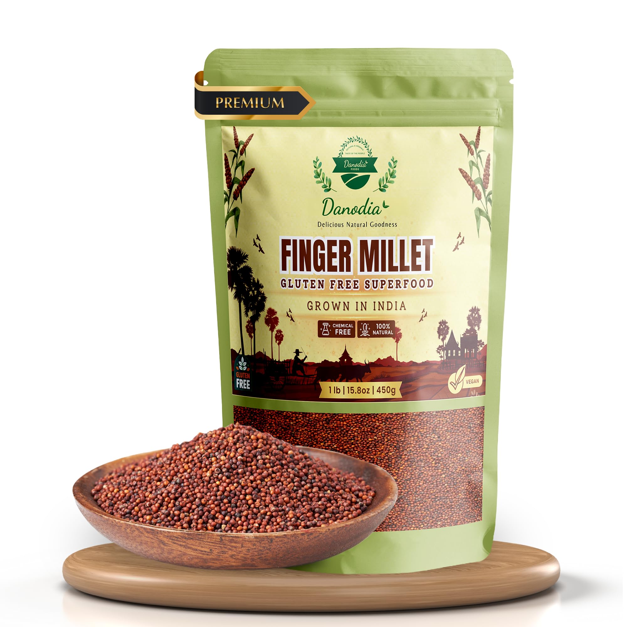 Danodia Foods Organic Finger Millet/Ragi/Kelvaragu (1lb / 450g / 16oz) | Super High Calcium, Gluten-Free Unpolished Red Millet, Hulled, Whole Grain Superfood | FDA Registered