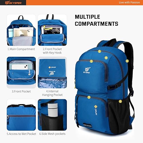 Miniatura 3 de SKYSPER Mochila ligera y plegable  Mochila de senderismo de 30L con bolsillo húmedo, mochila plegable de viaje para mujeres y hombres