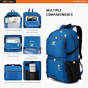SKYSPER Lightweight Packable Backpack - 30L Hiking Daypack with Wet Pocket Foldable Travel Carry-on Backpack for Women Men
