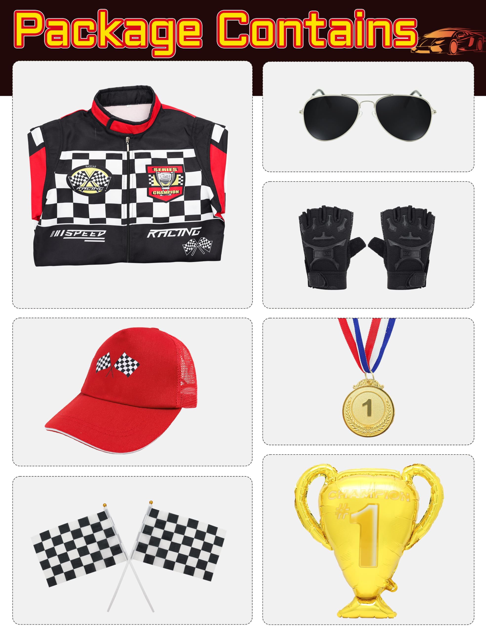 Disfraz de conductor de coche de carreras para niños, mono de corredor, disfraz de Halloween con guantes, gafas de sol, gorra de coche para niños pequeños (Negro, 110)