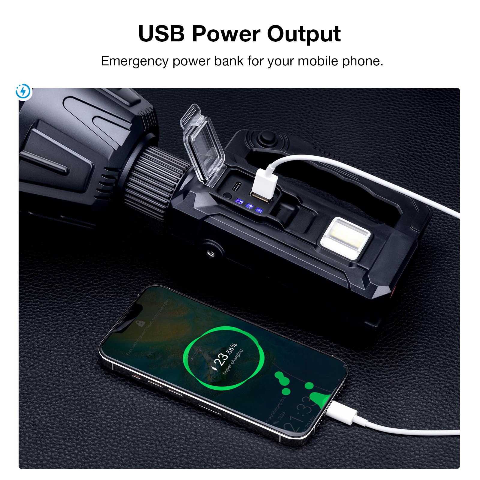 Wiederaufladbarer Strahler, 2.000.000 Lumen, LED-Solar-Strahler, Outdoor-Handlampe, lange Reichweite, Taschenlampe mit 6 Modi, USB-Ausgang, USB C, IPX5 wasserdicht für Angeln, Bootfahren