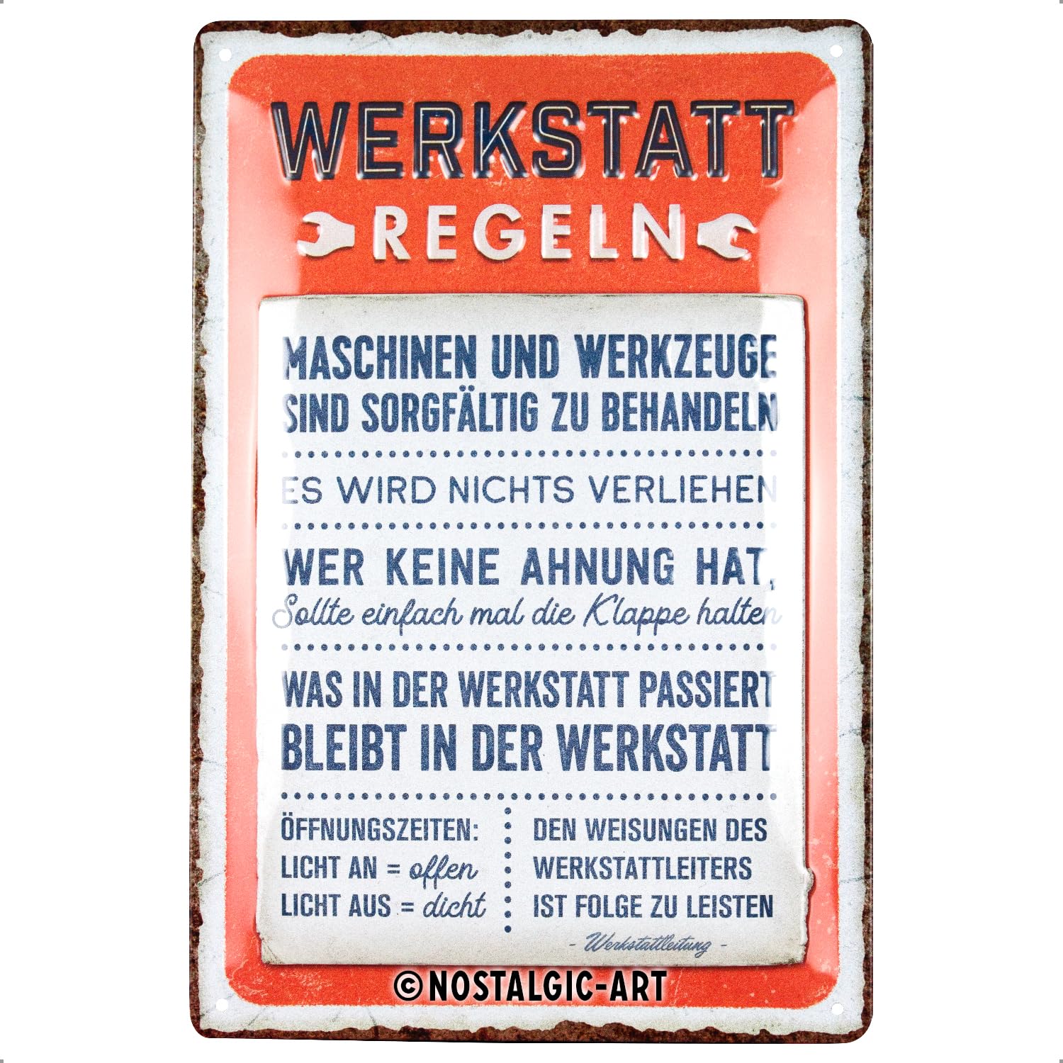 Nostalgic-Art Retro Blechschild, 20 x 30 cm, Werkstattregeln – Geschenk-Idee für Handwerker, aus Metall, Werkstatt-Deko im Vintage Design mit Spruch, Blechschilder Sprüche