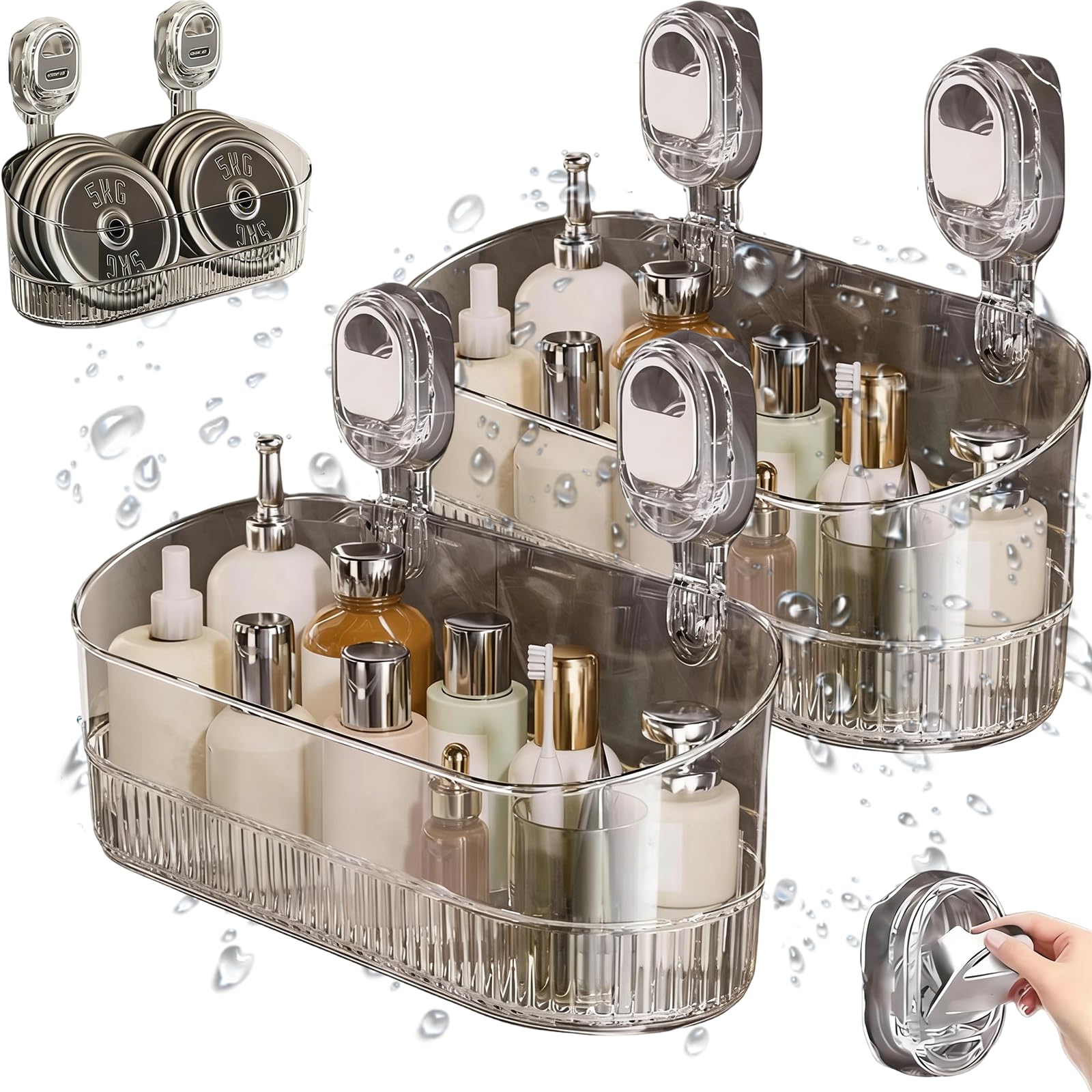 No-Drill Bathroom Suction Storage Box Large Capacity & Strong Load-Bearing, 2026 New Bathroom Shelf No Drill with Suction Cups, Removable No Drills Shower Caddy for Kitchen & Bathrooms (Transparent*2)