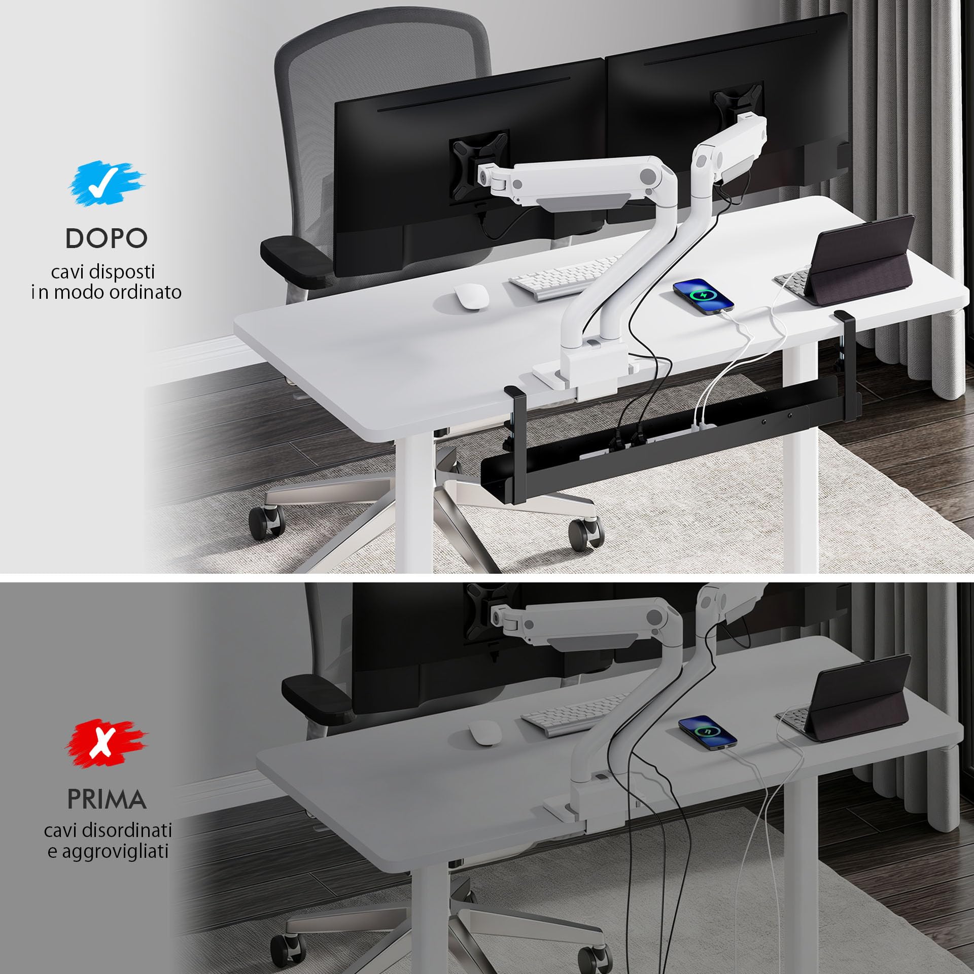 Mimoke Canalina per cavi da scrivania - da 800 a 1200 mm allungabile per la gestione dei cavi Scrivania con accessori Facile montaggio a morsetto (nero)
