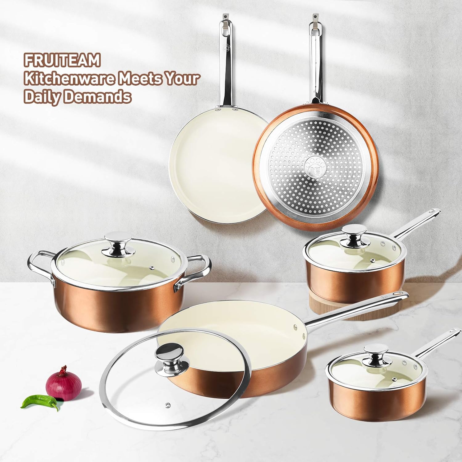 Amazing π₯ FRUITEAM 13-Piece Cookware Set Non-stick Ceramic Coating Cooking Set, Induction Pots Pans Set with Lids, Heavy Duty Stainless Steel Handles, Induction, Oven, Gas, Stovetops Compatible for Family Meals Best Seller FRUITEAM 13-Piece Cookware Set Non-stick Ceramic Coating Cooking Set, Induction Pots Pans Set with Lids, Heavy Duty Stainless Steel Handles, Induction, Oven, Gas, Stovetops Compatible for Family Meals